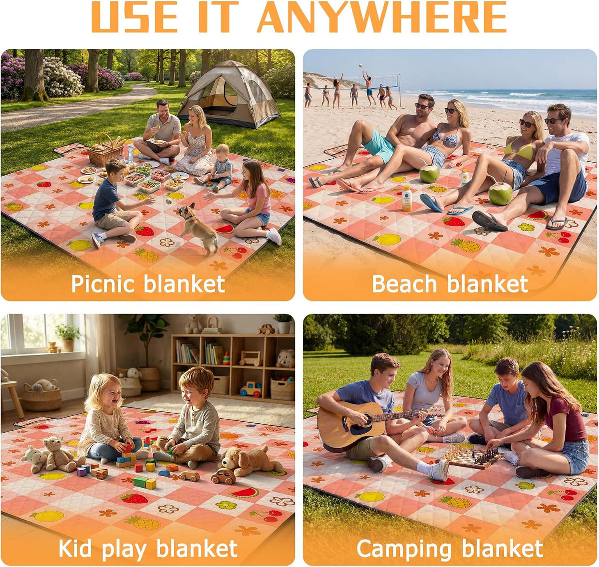 Picnic Blankets Outdoor Blanket,80"x 80" Extra Large Waterproof Sandproof Foldable Beach Blanket Grid Picnic Mat for Camping,Lawn,Park(Pink)