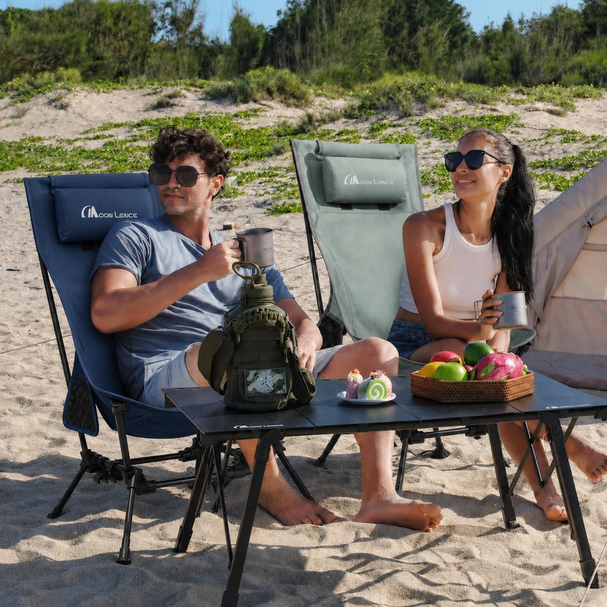 MOON LENCE High Back Folding Camping Chairs, Height-Adjustable, Widened Seat, for Beach with Anti-Sinking Feet (Blue)