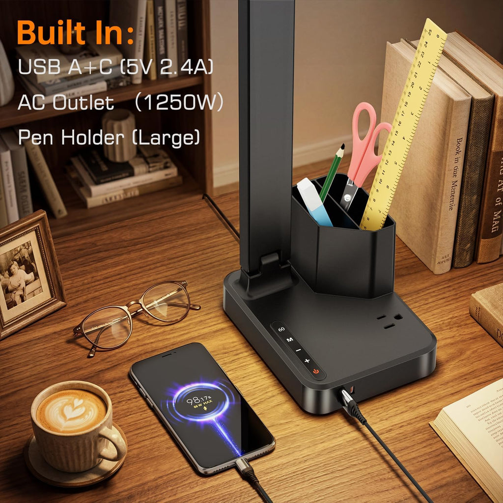 cozoo LED Desk Lamp USB A/C AC Pen Holder Dorm Home Office Desk Light Black
