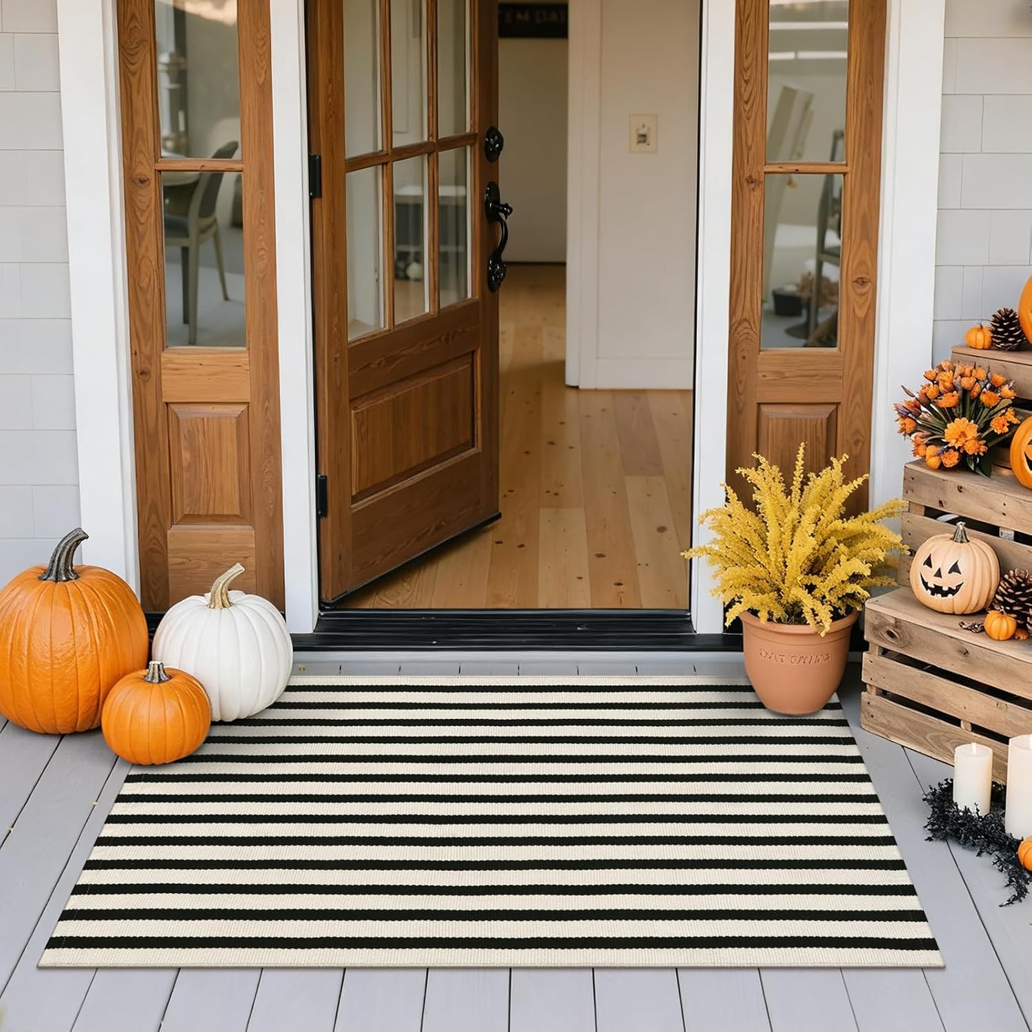 Fall Front Door Mat 2'x4.3', Cotton Washable Striped Outdoor Rug