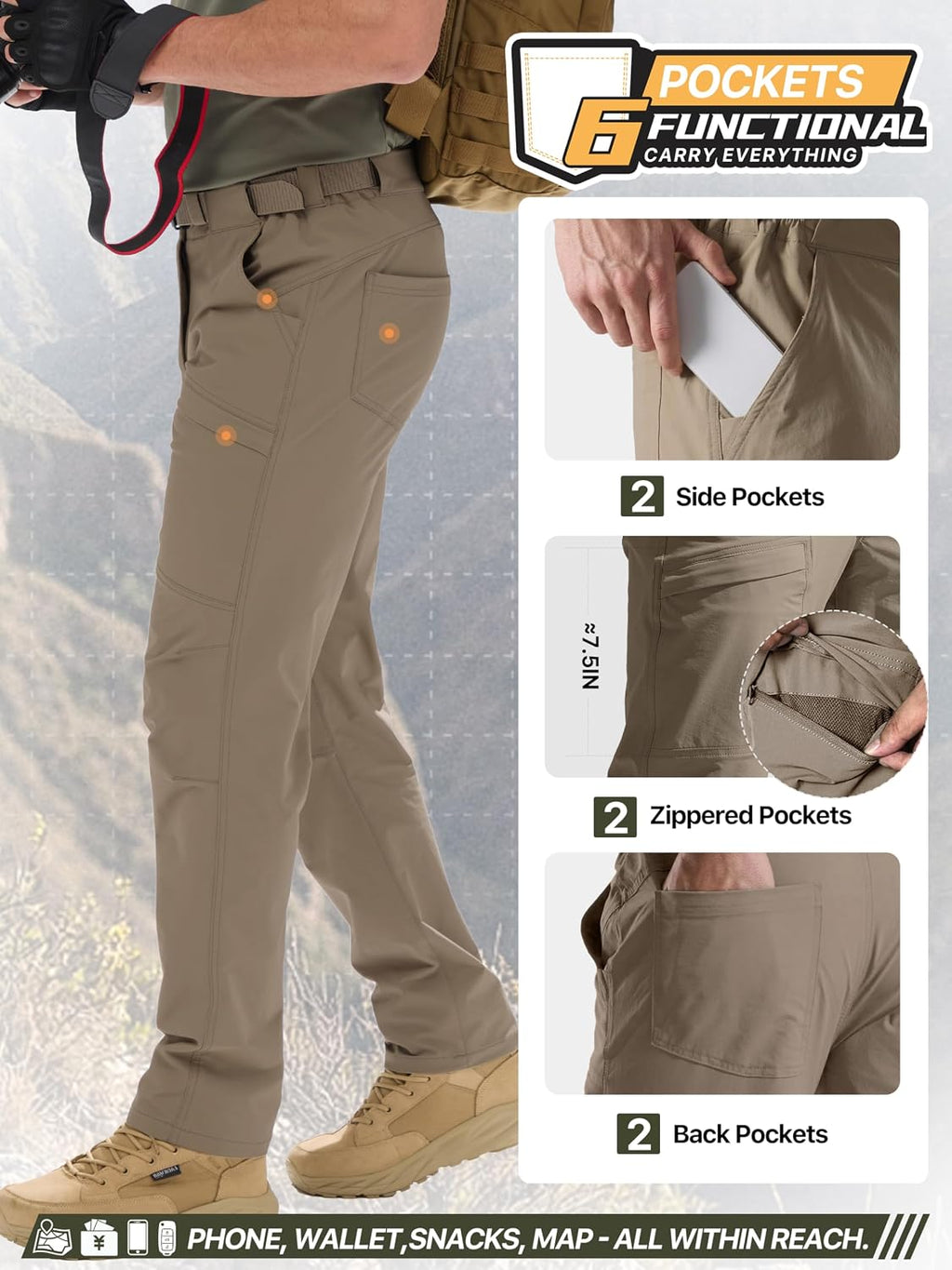FREE SOLDIER Men's Outdoor Cargo Hiking Pants with Belt