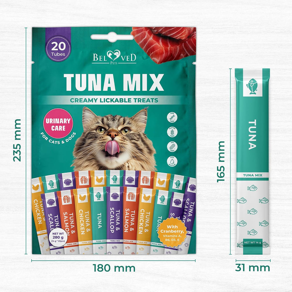 Beloved Pets Creamy Lickable Cat Treats & Wet Food Squeeze Tubes – Liquid Kitten Snacks, Urinary Tract Care, Multivitamin Treats for Cats, & Small Dogs, Lick Up 40 Sticks Tuna Mix