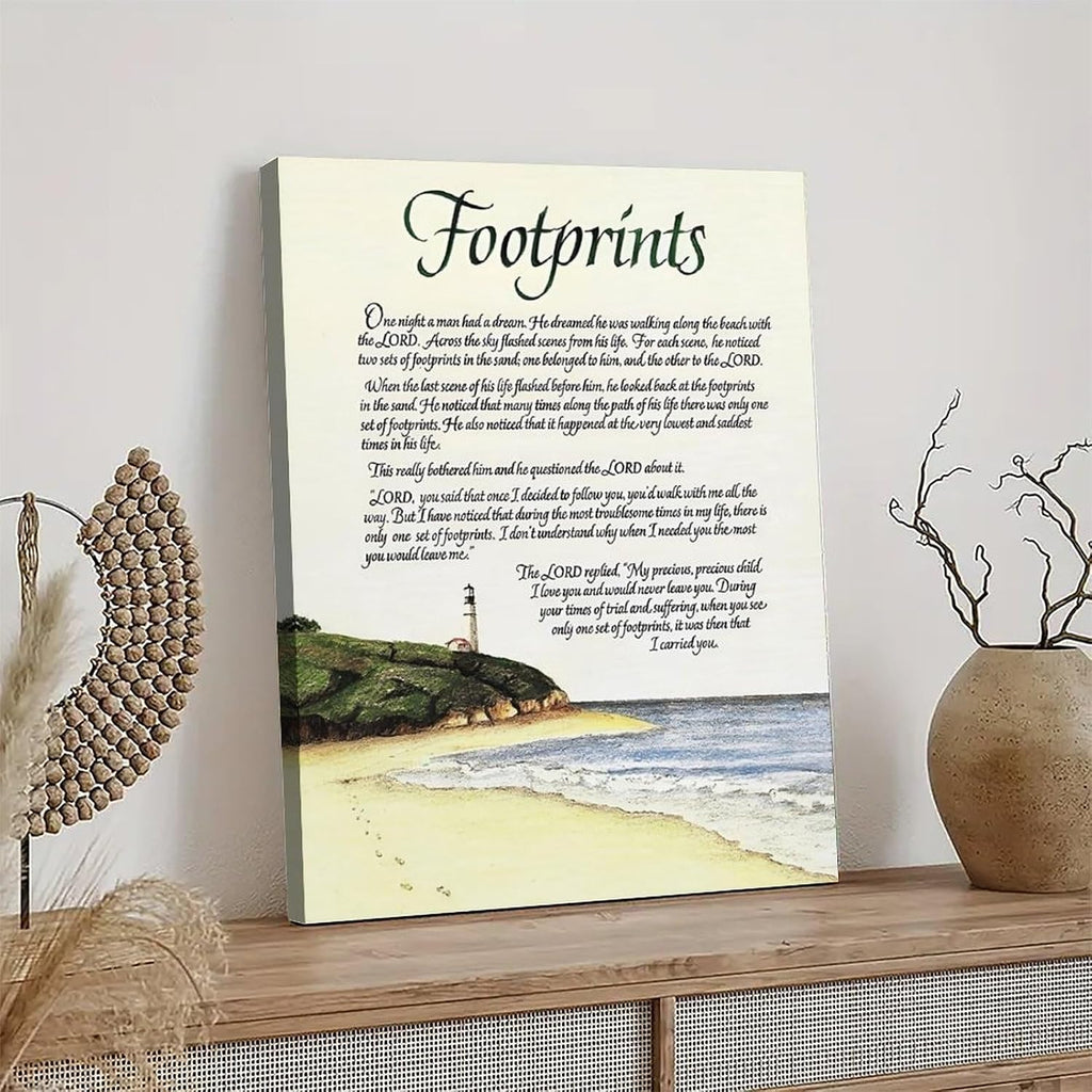 Footprints in the Sand Religious Canvas Wall Art Posters, Inspirational Beach Sunset Poem Print Poster (Framed 20x30inch, Footprints(5))