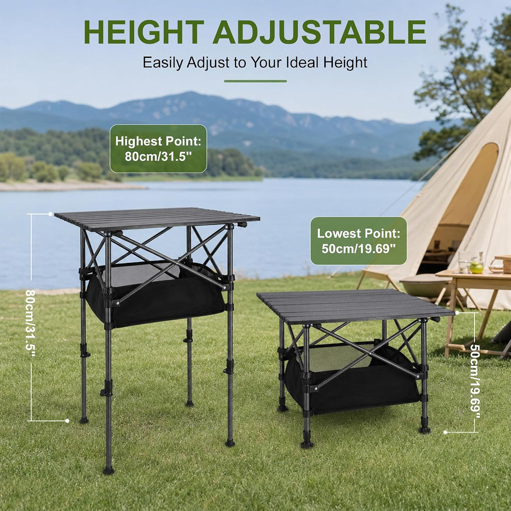 19.7"L x 20.9"W Folding Camping Table with Adjustable Height Black