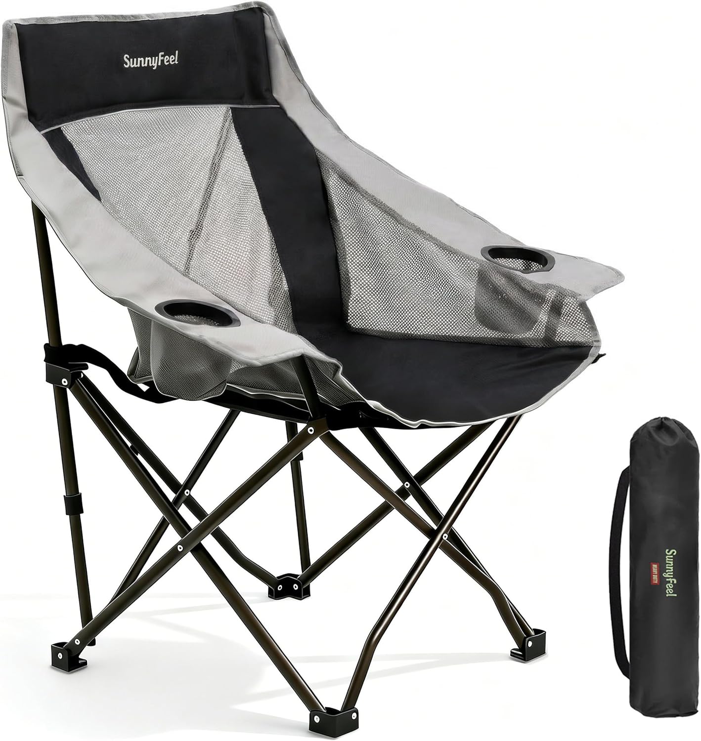 SUNNYFEEL Oversized Camping Chairs for Adults, Heavy Duty Portable Folding Chair with Carry Bag, Side Pockets & Cup Holder, Supports 300 lbs, for Tailgating Hiking Picnic Backyard Black