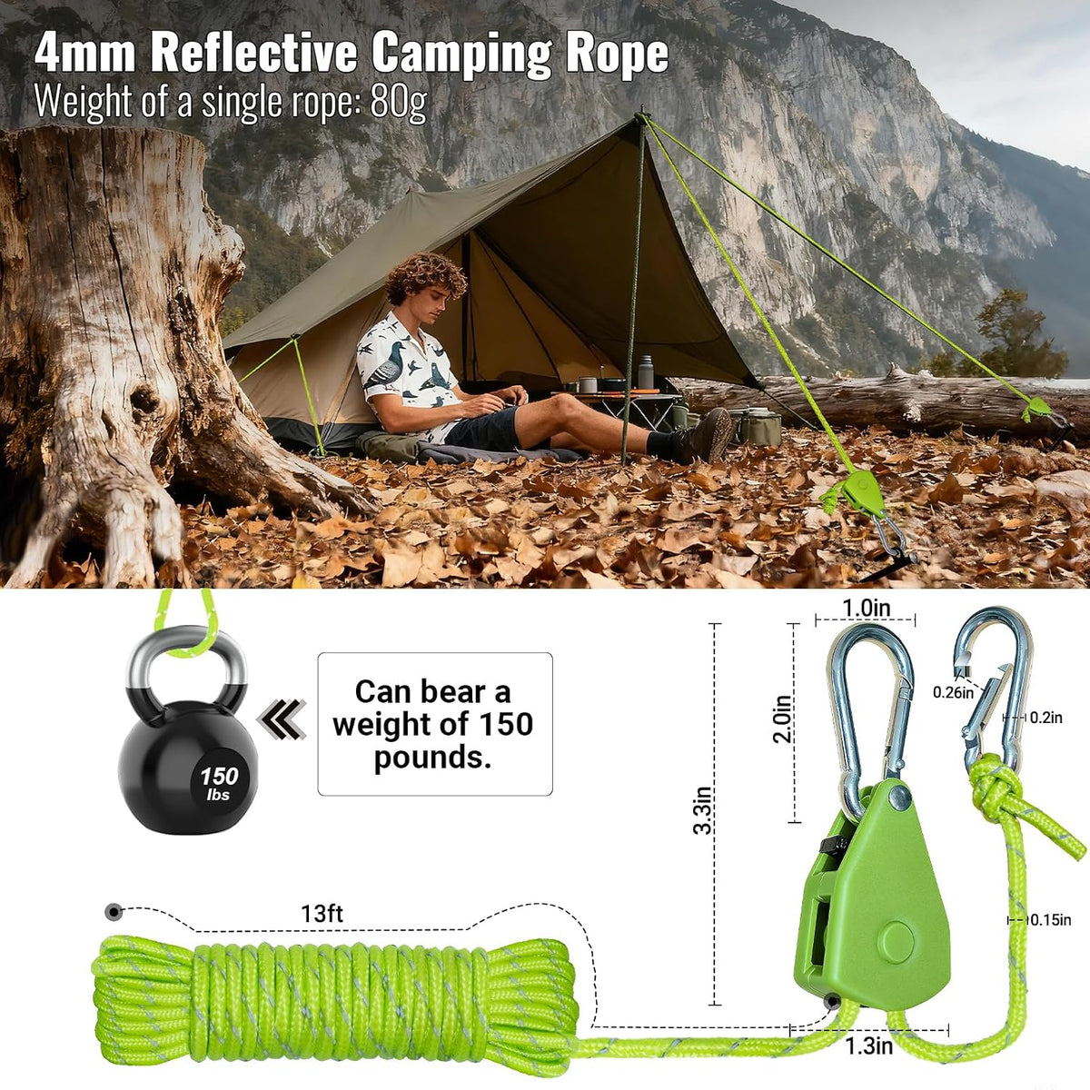 4Pack 4mm Reflective Guy Lines, Heavy‑Duty Tent Rope Tie Down Rope Line, Ultralight Camping Rope with Ratchet Pulley & 2 Metal Buckles, Aluminum Adjuster for Tarp Canopy Kayak Outdoor Camping, 13ft