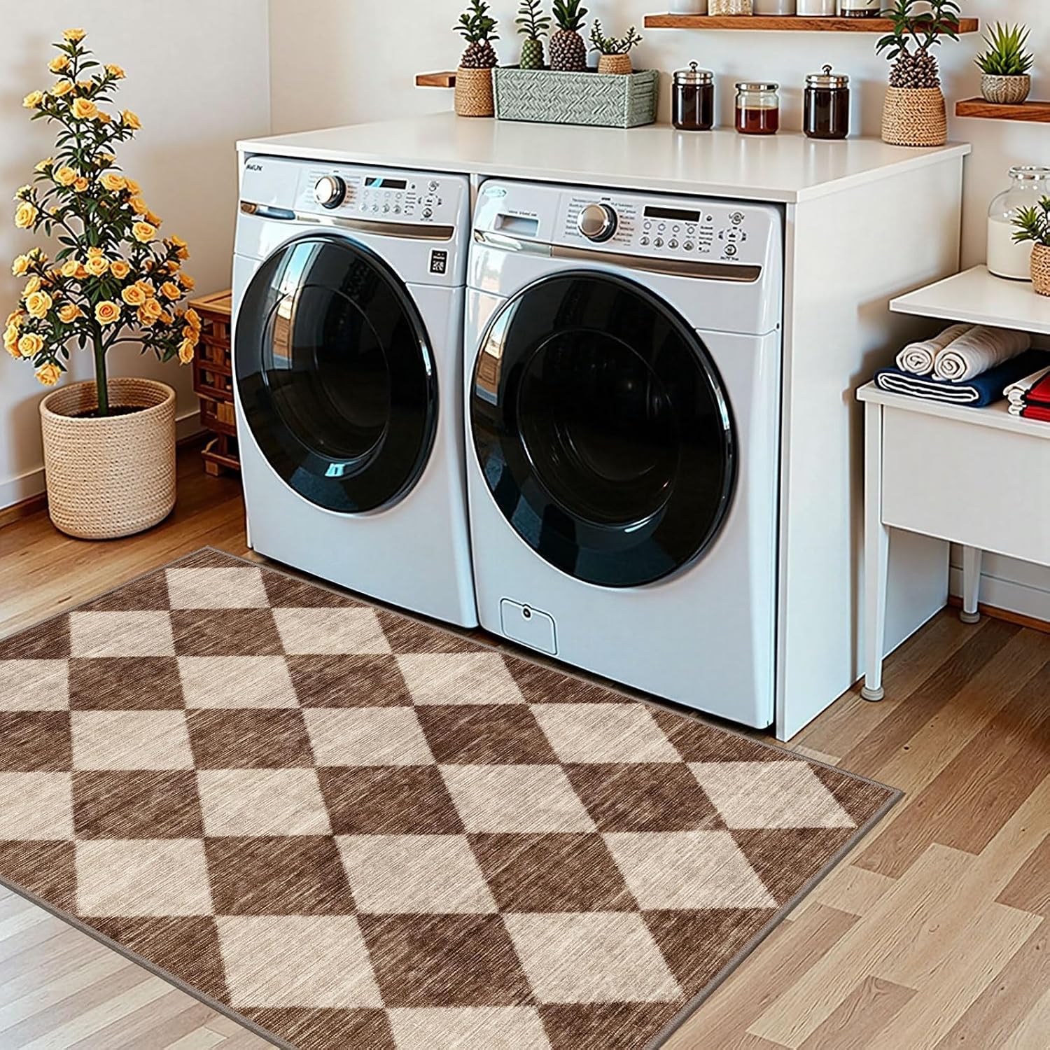 Brown Beige Checkered Entry Rug - 3x5 Non-Slip Indoor Outdoor Rugs