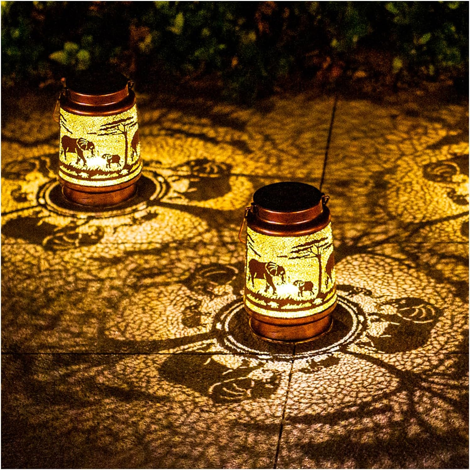 2 Pack Elephant Outdoor Solar Hanging Lanterns Waterproof LED Solar Lights Metal Decorative Lanterns for Garden, Patio, Courtyard, Backyard, Yard Decor Unique Elephant Gifts for Women Gardening