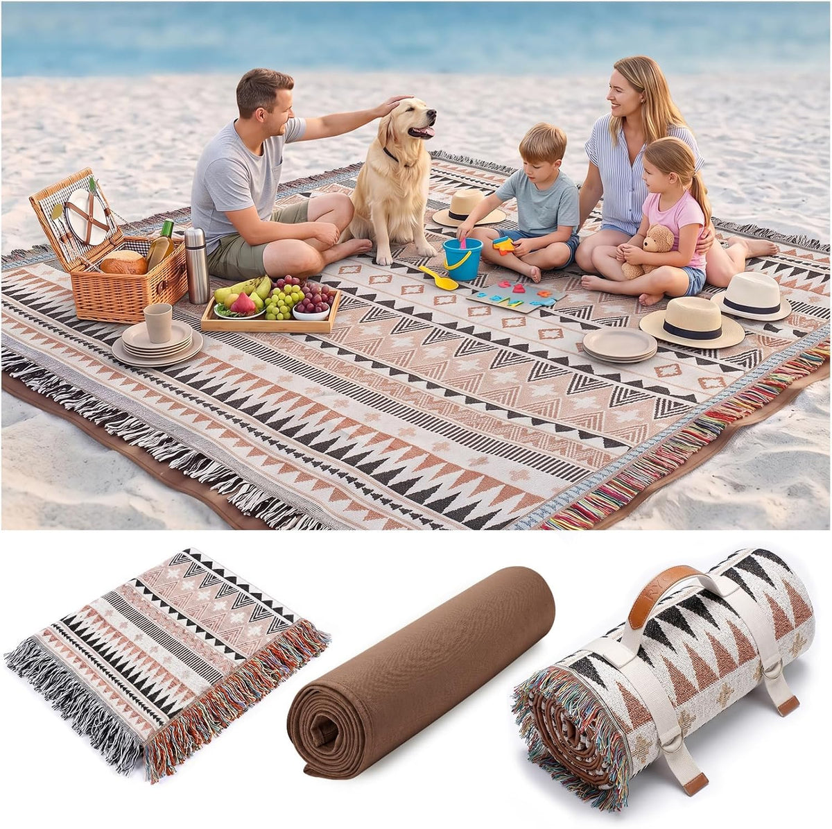 RYCHIC 2 in 1 Extra Large Boho Beach Blanket Towel Giant Woven Outdoor Rug Picnic Mat Camping Gear Cruise Essential 2026 Summer Vacation Must Have Travel Accessories Costa Rica Hawaii Trip Stuff