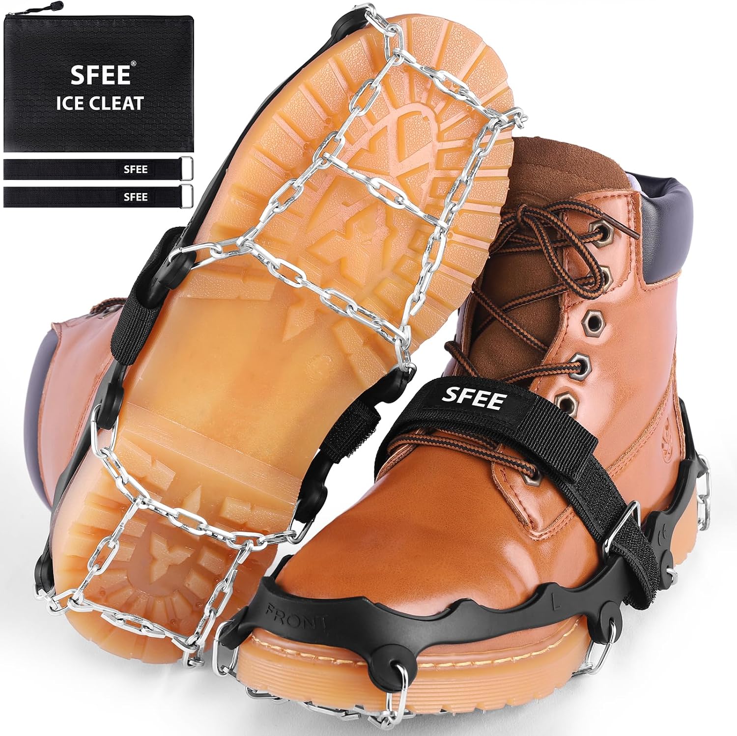 Sfee Crampons Ice Cleats for Shoes and Boots, Stainless Steel Chains Ice Grippers for Shoes and Boots Non Slip Gripper Spikes, Traction Cleats for Snow and Ice, Hiking, Walking, Climbing, Ice Fishing