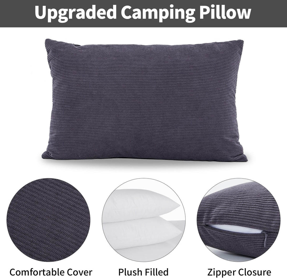 MOON LENCE Camping Pillows 2 Pack, Compressible Camp Pillow with Washable Cover & Carry Bag, Plush Filled Backpacking Pillow for Hiking, Travel, Sleeping 12"x16" Grey