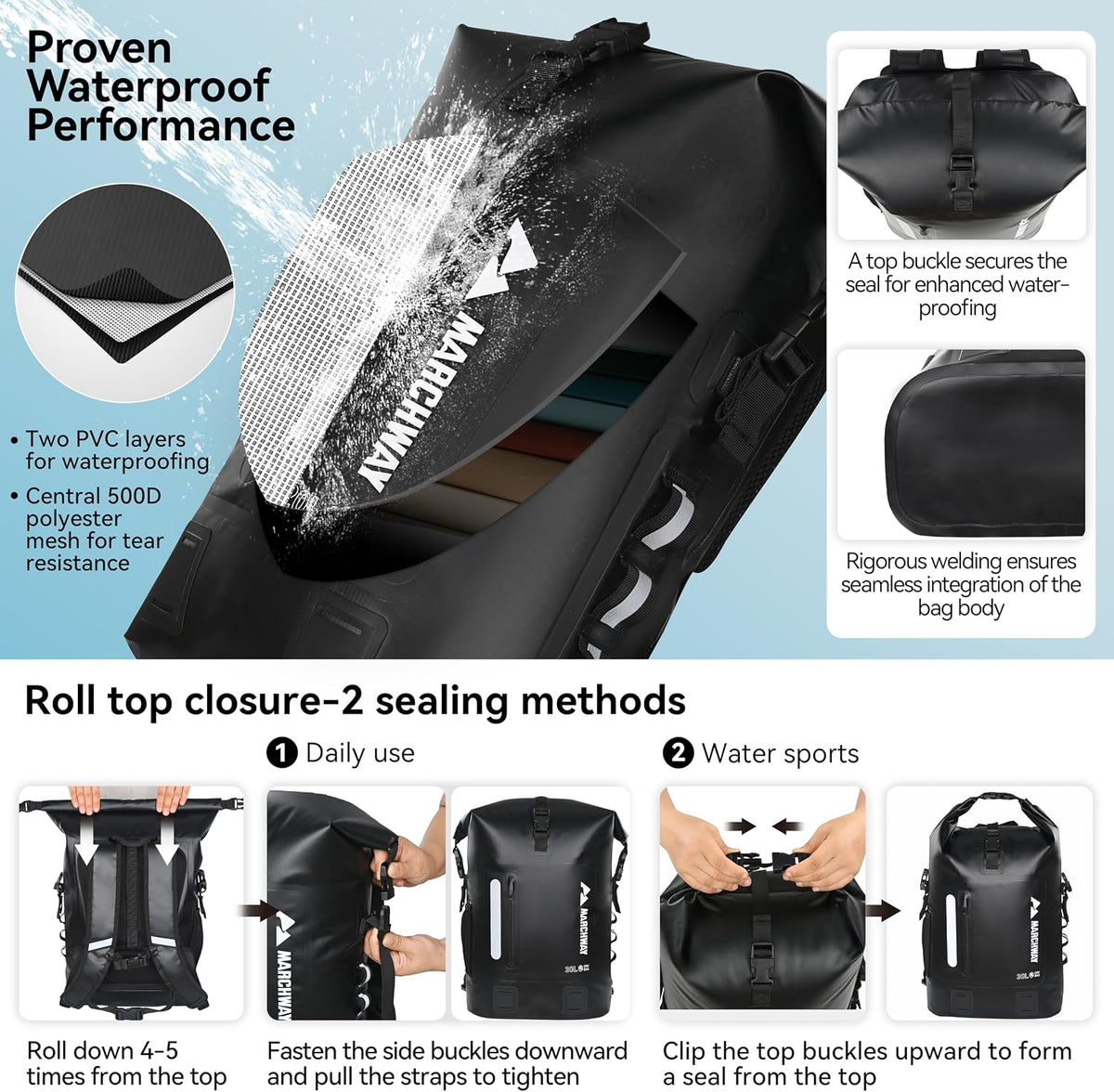 MARCHWAY Roll Top Waterproof Backpack, Floating Dry Bag 20L/30L/45L with Ergonomic Rectangular Base, Cushioned Back, Hip Strap for Hiking Camping Kayaking Travel (Black, 20L)