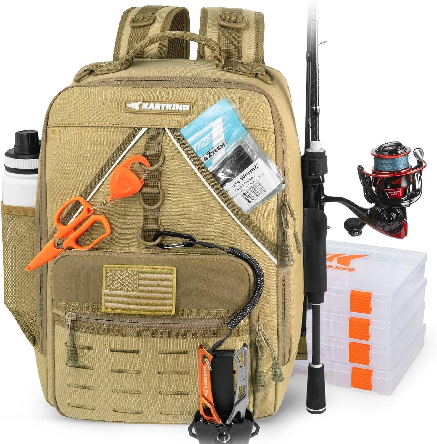 KastKing KarryAll Fishing Backpack with Rod Holder 4 Tackle Boxes, 40/26L