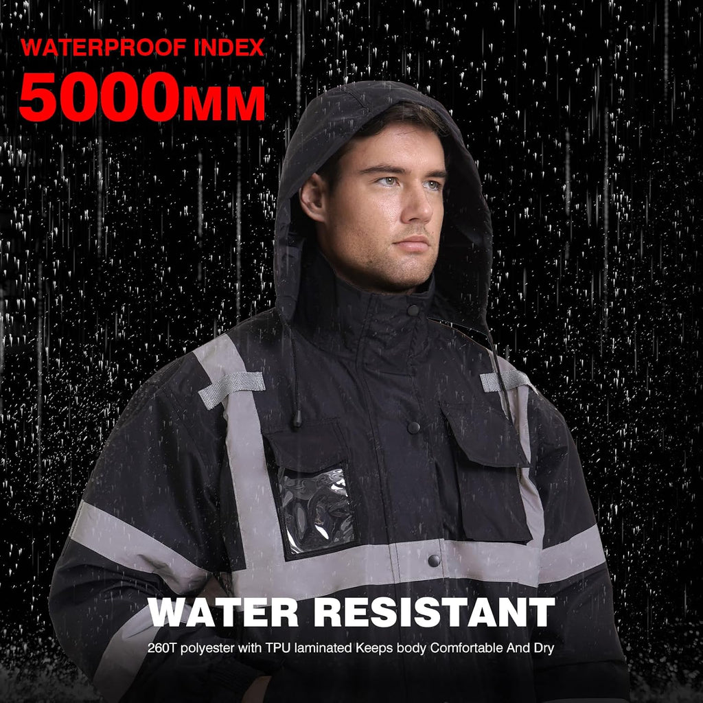SKSAFETY Hi Vis Safety Rain Jacket for Men, Construction Work Rain Gear Heavy Duty Class 3 Rain Coat Waterproof Lightweight