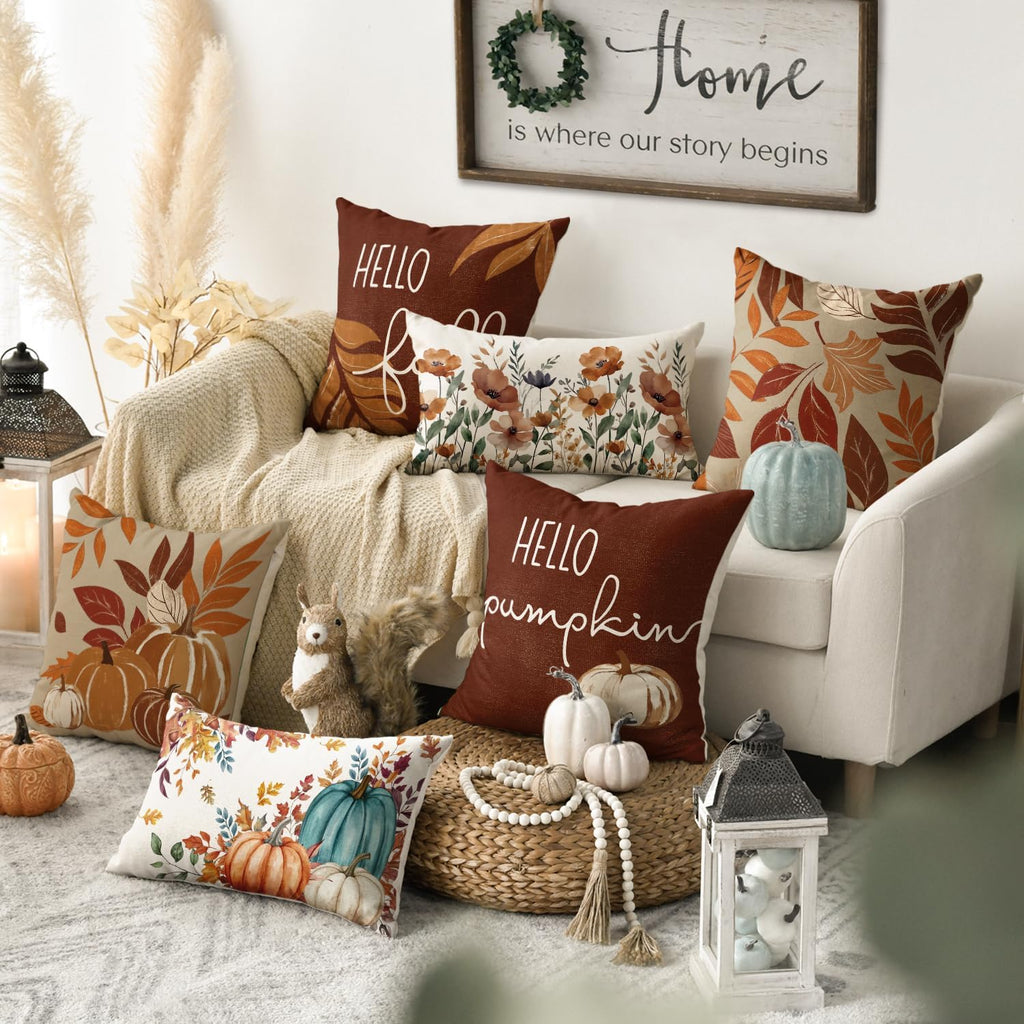 AVOIN colorlife Hello Fall Pumpkin Leaves Pillow Covers 18x18 Inch Set of 4