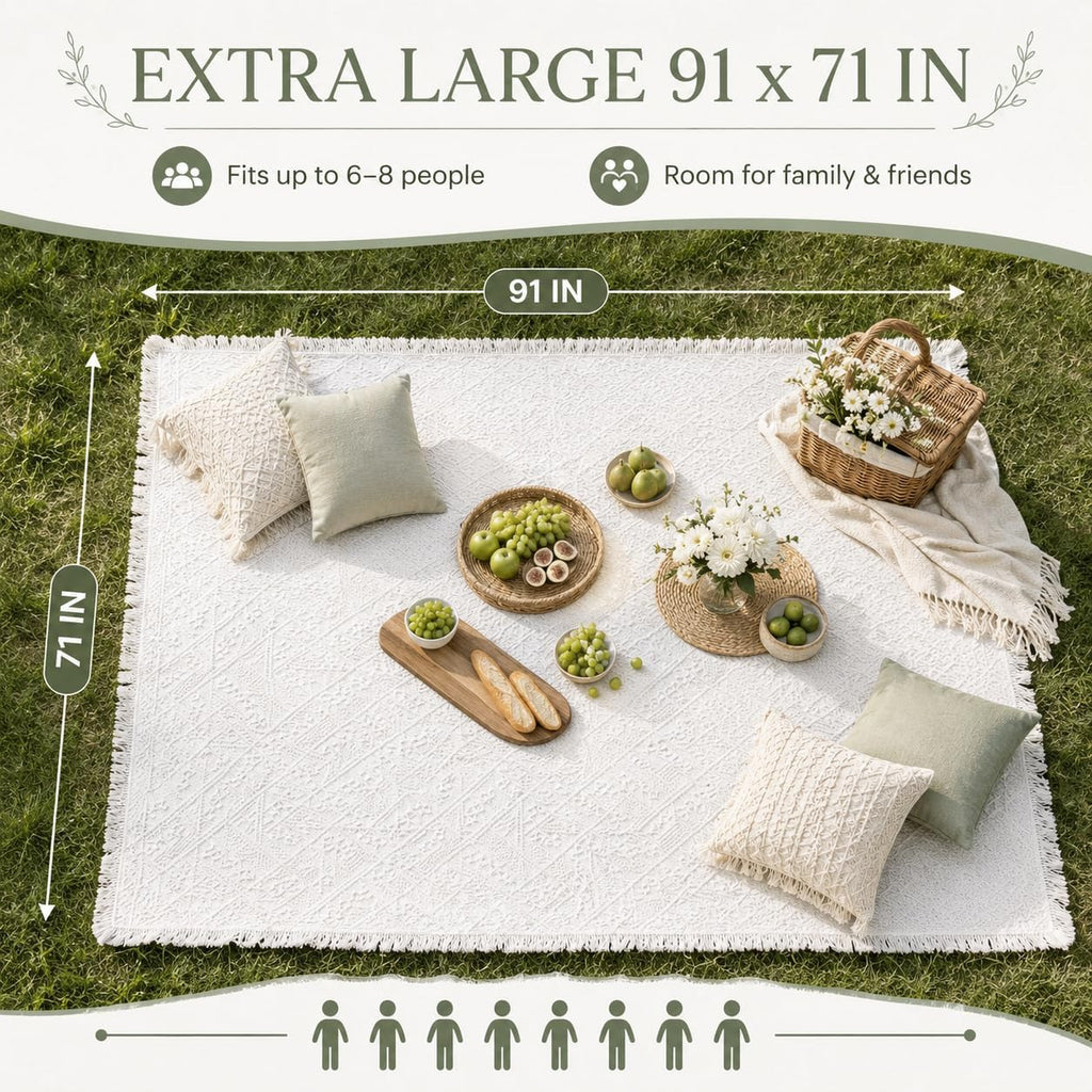 91 x 71inch White Outdoor Picnic Blanket with Waterproof Mat & Bag