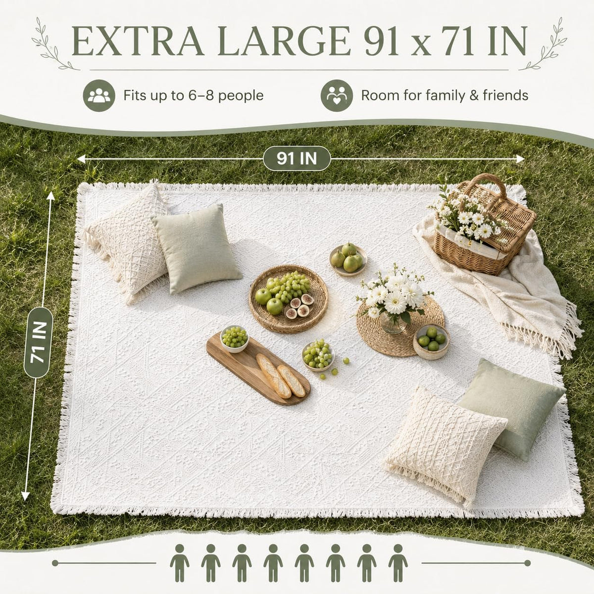 91 x 71inch White Outdoor Picnic Blanket with Waterproof Mat & Bag