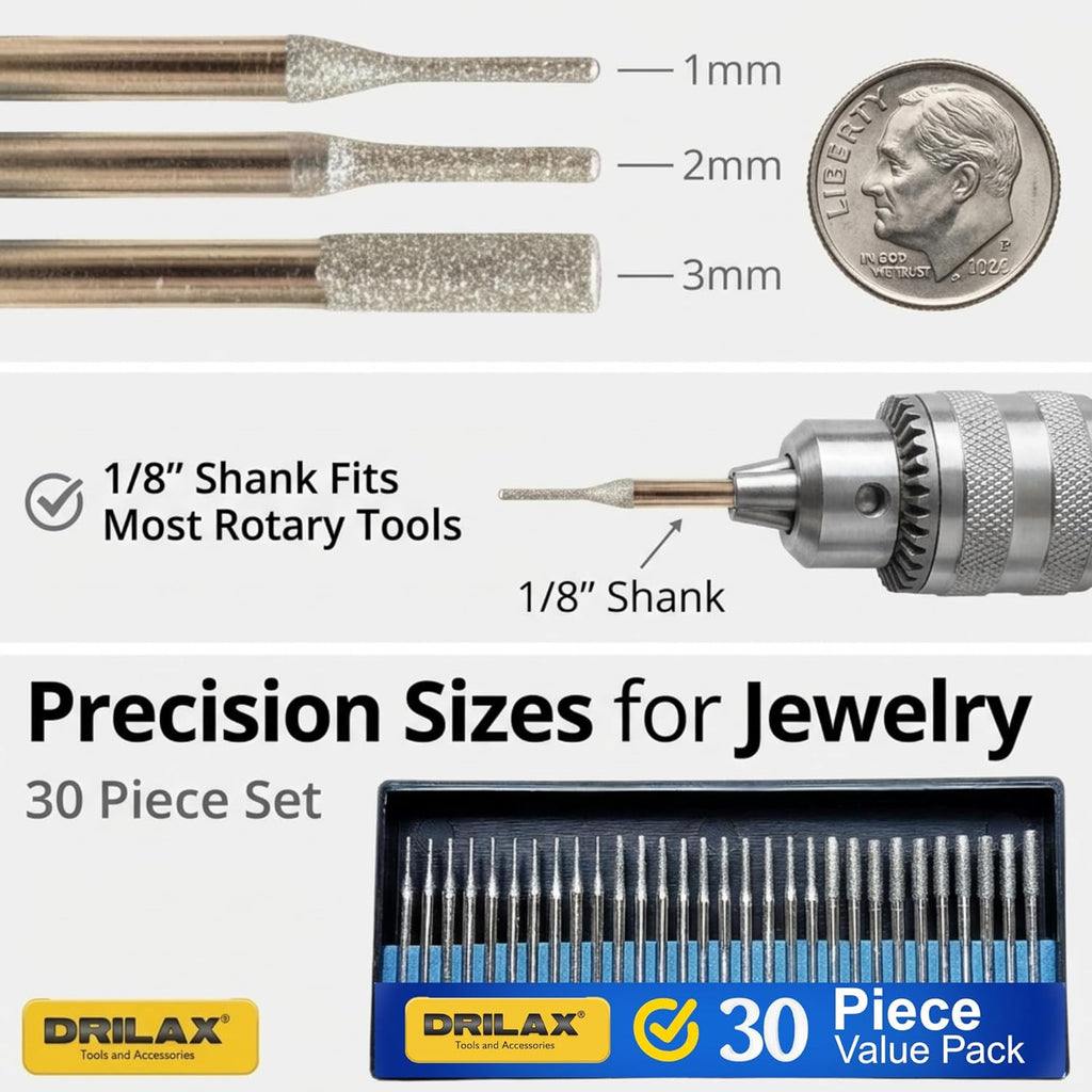 Drilax 30-Pc Diamond Drill Bits for Stone, Glass, Dremel, 1-3mm, 1/8" Shank