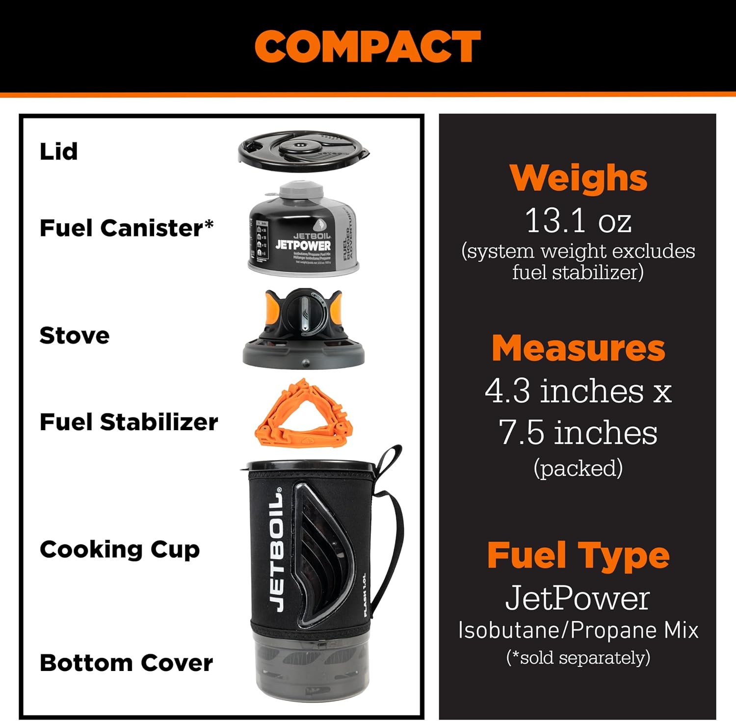 Jetboil Flash 1.0L Portable Fast Boil Stove for Camping and Backpacking with 1-Step Auto Ignition, Propane/Isobutane Burner with Cooking Cup, Carbon