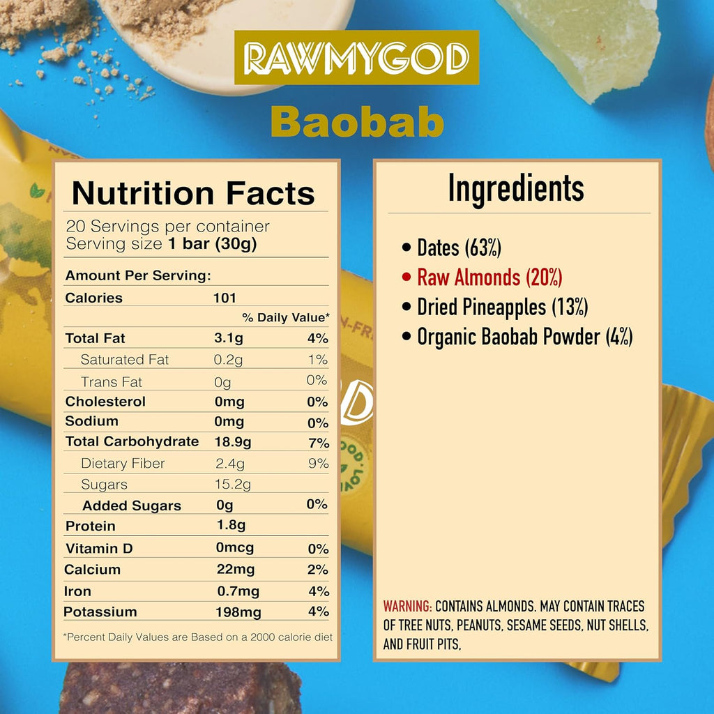 RAWMYGOD Fruit and Nut Bars, Gluten Free, Vegan, No Added Sugar (20 bars, Baobab)