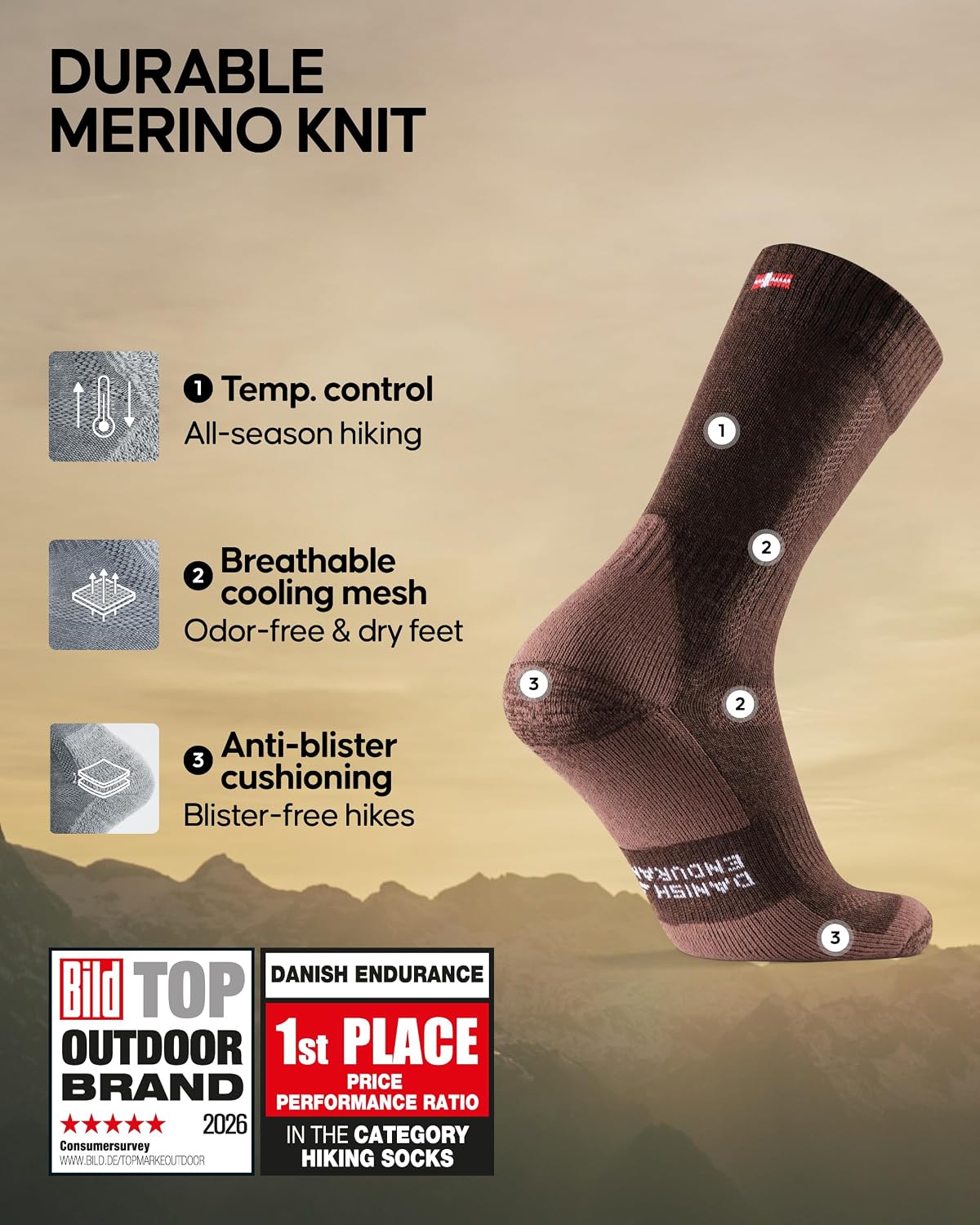 DANISH ENDURANCE Hiking Socks, Merino Wool, Anti-Blister, 3 & 5-Pack