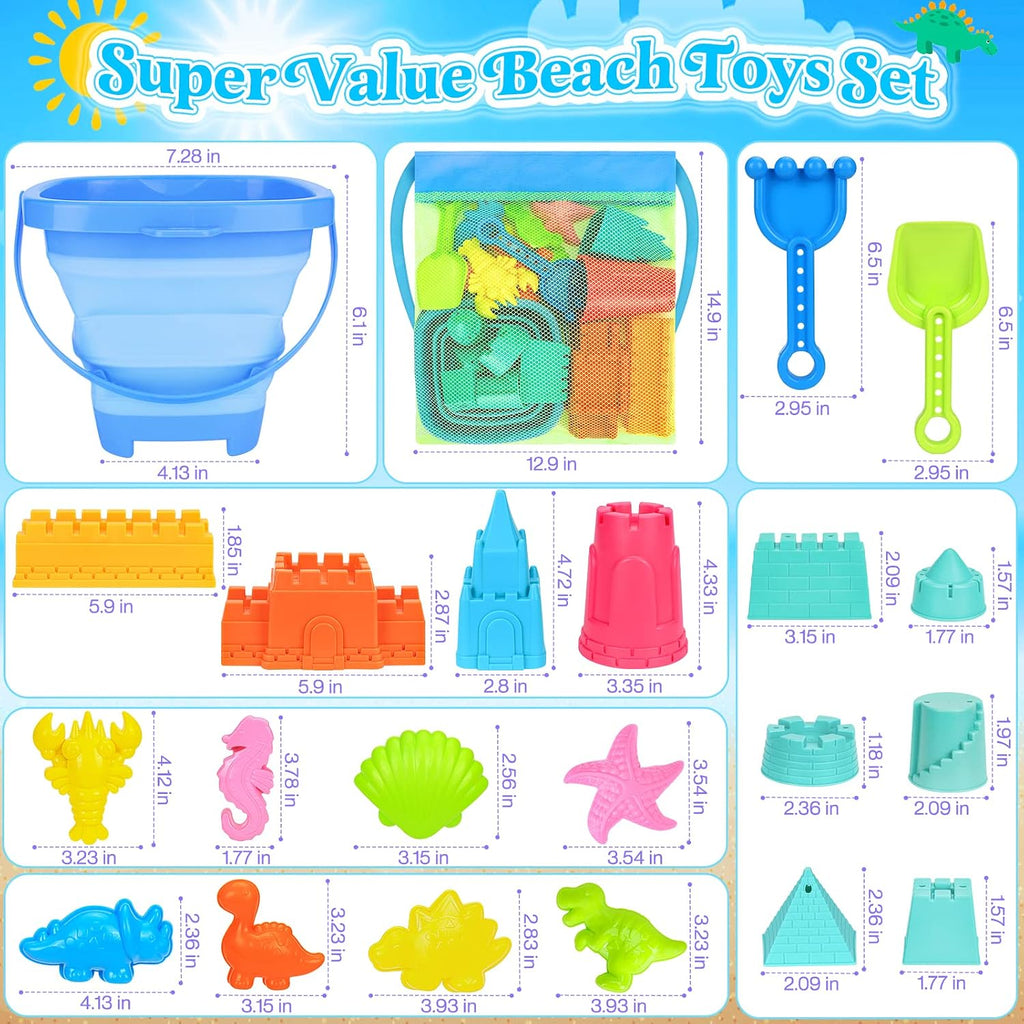 RACPNEL Beach Toys with Collapsible Bucket, Sand Castle Kit for Kids 3-12 | Castle Building Kit, Shovels, Portable Mesh Bag for Sandbox, Backyard, Summer Travel, Beach Games, Multi-Scene Outdoor Fun