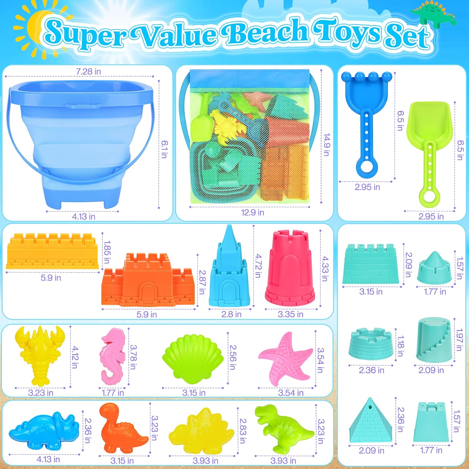 RACPNEL Beach Toys with Collapsible Bucket, Sand Castle Kit for Kids 3-12 | Castle Building Kit, Shovels, Portable Mesh Bag for Sandbox, Backyard, Summer Travel, Beach Games, Multi-Scene Outdoor Fun