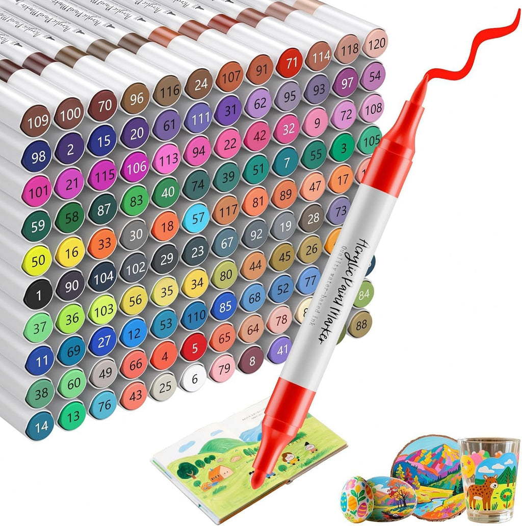 WELLOKB 80 Colors Dual Tip Chisel & Brush Acrylic Paint Markers, Fabric Markers, Permanent Acrylic Paint Pens for Wood, Glass, Rocks, Paper, Coloring book, Ceramic, DIY Crafts for Adults