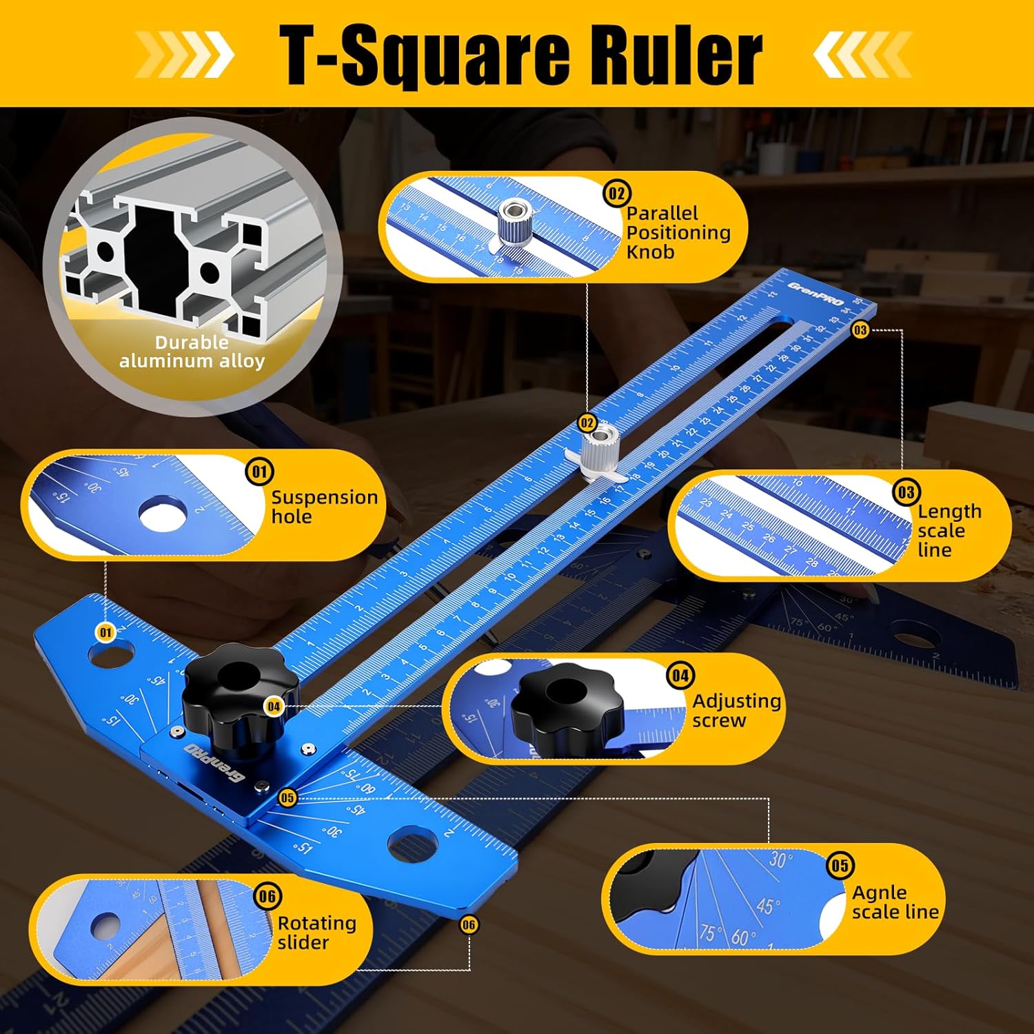 GRENPRO Speed Combination T-Square Woodworking Carpenter Angle Finder Ruler