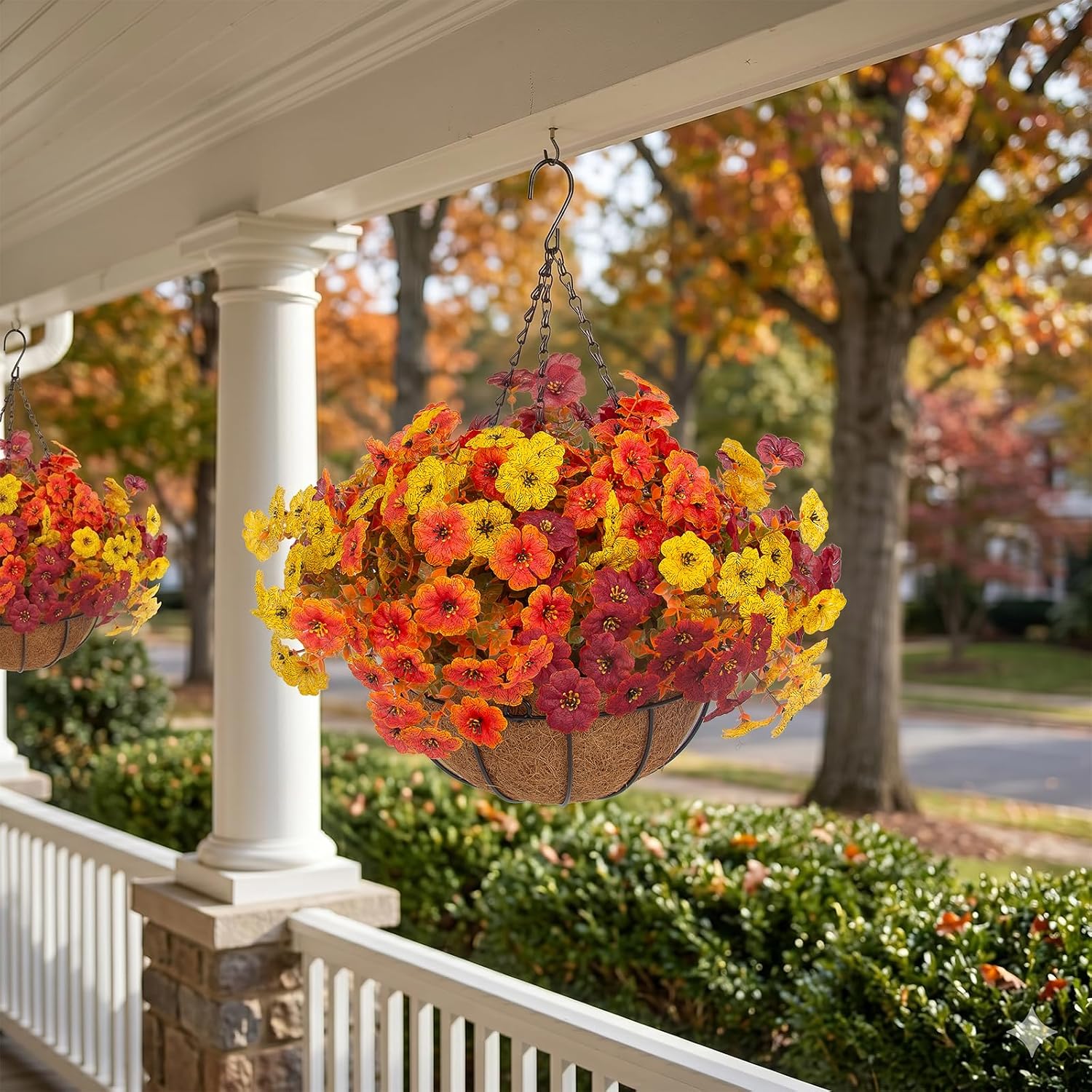 Hananona 2 Set Artificial Outdoor Fall Flowers with Hanging Basket, 2 Packs Hanging Planters with 24 Pcs Faux Fall Mums for Autumn Front Porch Garden Patio Home Decor (2, Orange,Yellow,Burgundy)