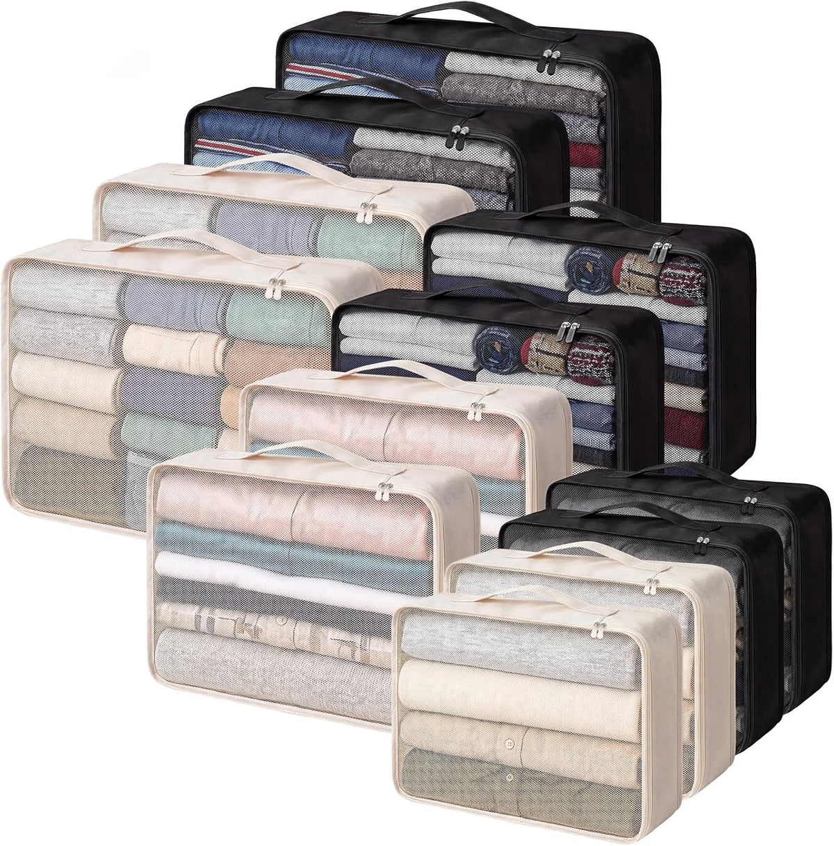 Silkfly 12 Pcs Packing Cubes for Travel,XL, L, M,Classic,Beige, Black