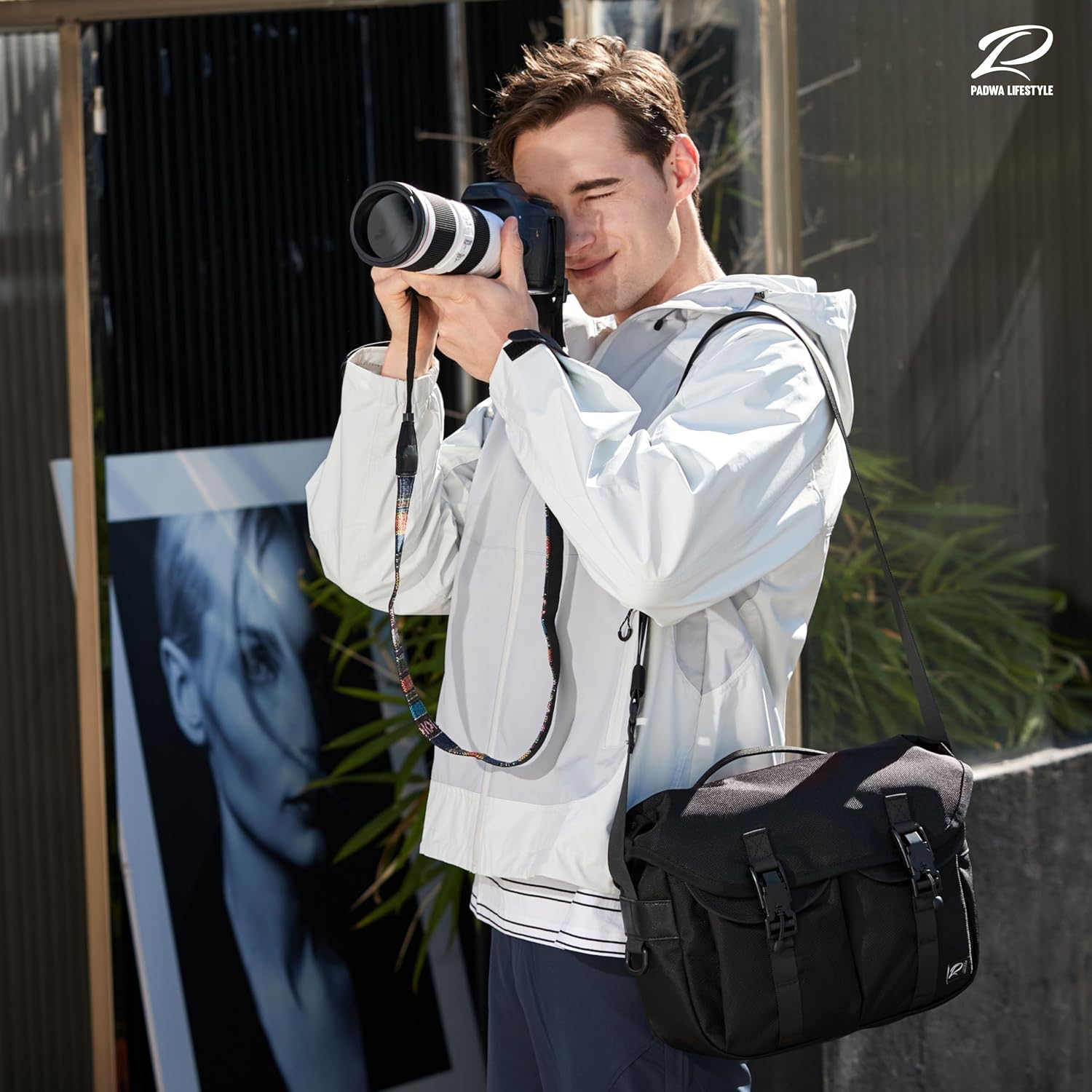 Padwa Lifestyle Black Camera Bag - Nylon Flap Camera Photography Bag with Removable Lining for Single Shoulder & Crossbody and Hand Carry,Weather Resistant Casual Camera Bag for Cameras & Drone