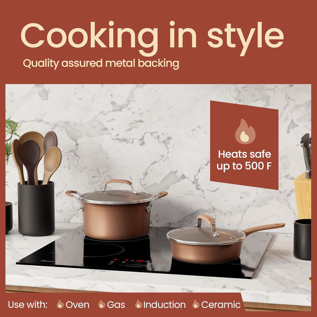 Pots and Pans Set, 22-Piece Non Stick Cookware & Bakeware Sets with Plaid Pattern, Stackable Design, Dishwasher Safe, Stain-resistant, Oven & All-Stove Safe, Tempered Glass Lid, Golden