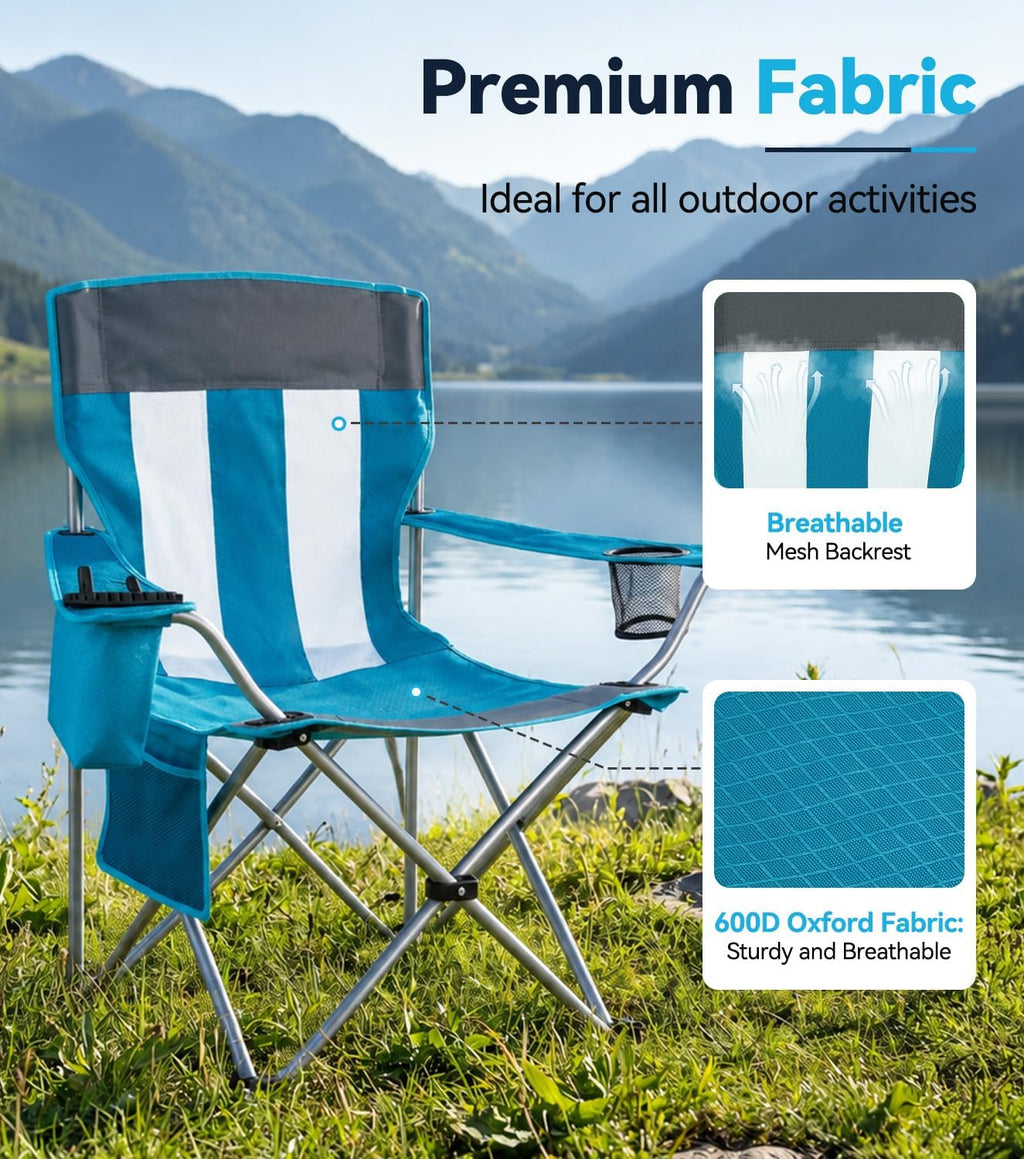 Camping Chair, 2-Pack Lightweight Folding Chair, 300lbs Capacity Outdoor Chair with Cooler Bag, Mesh Backrest, Cup Holder Pocket, Side Pocket, Portable Chair for Beach/Fishing/Tailgating/Sport Game