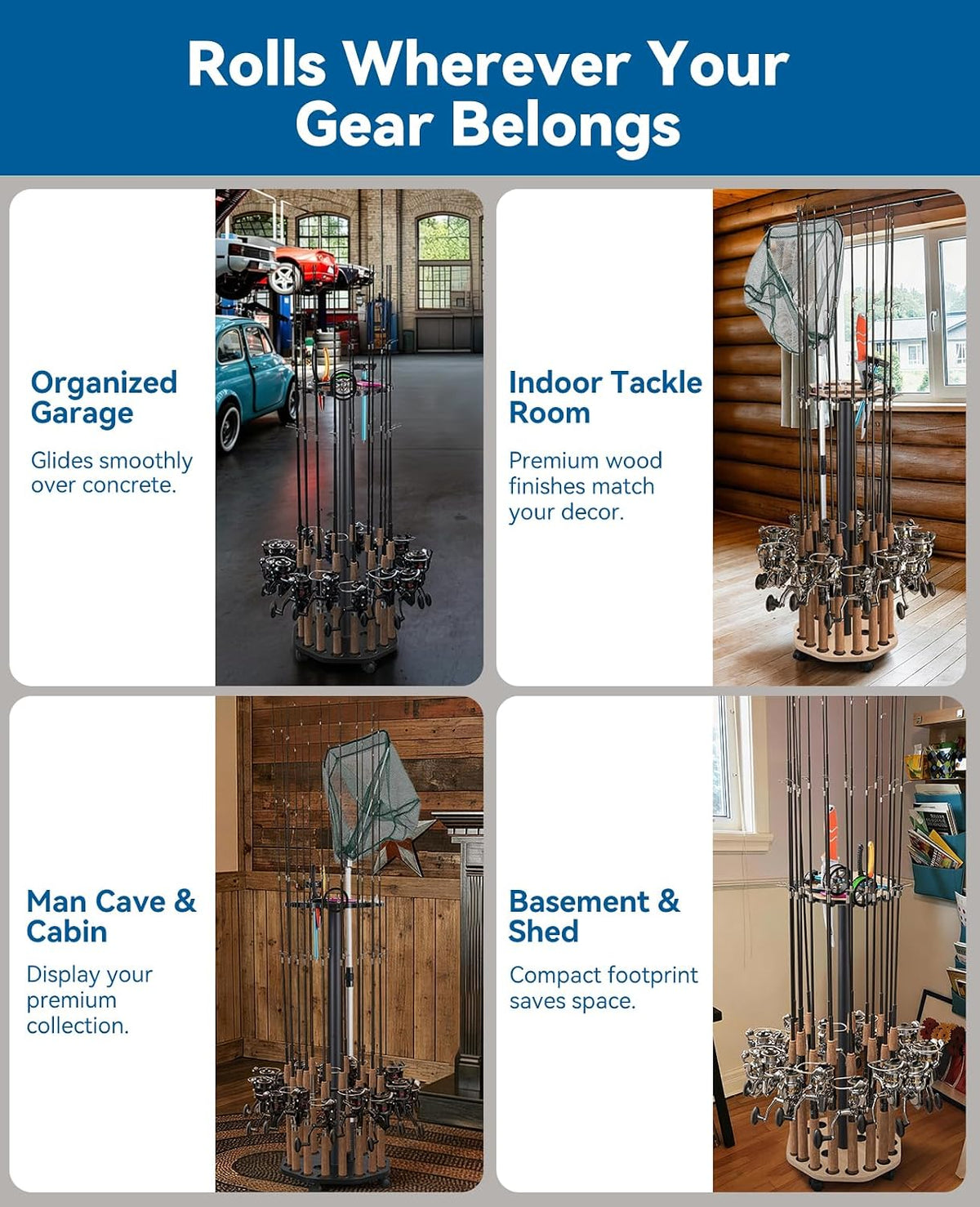 KEXMO Fishing Rod Holder Pole Rack for Garage with Wheels