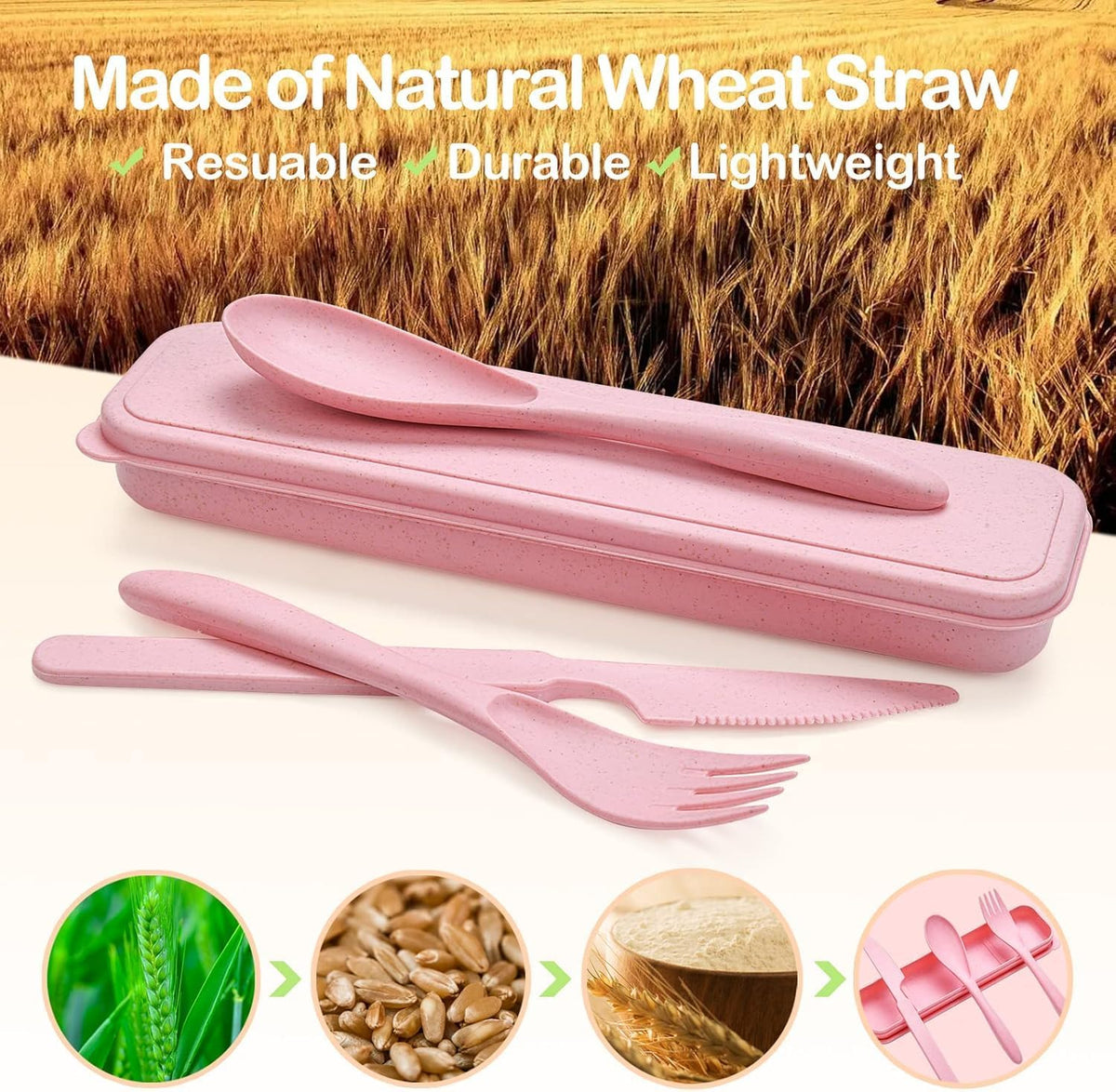 YDYTOP Reusable Travel Utensils Set with Case, 24 Sets Wheat Straw Knife Fork Spoon Cutlery, Multicolor Plastic Silverware for Kids and Adults, School Lunch, Party, Picnic and Camping