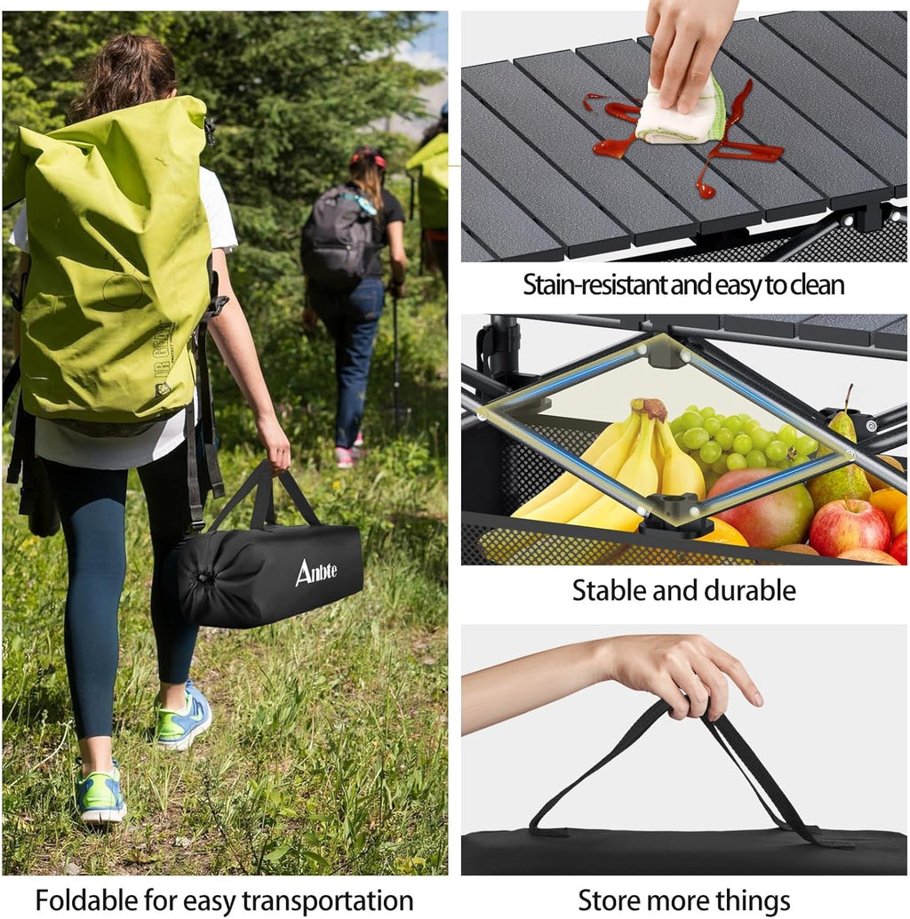 Anbte 3ft Aluminum Roll Top Folding Camping Table, Portable, 32”X16”, Black