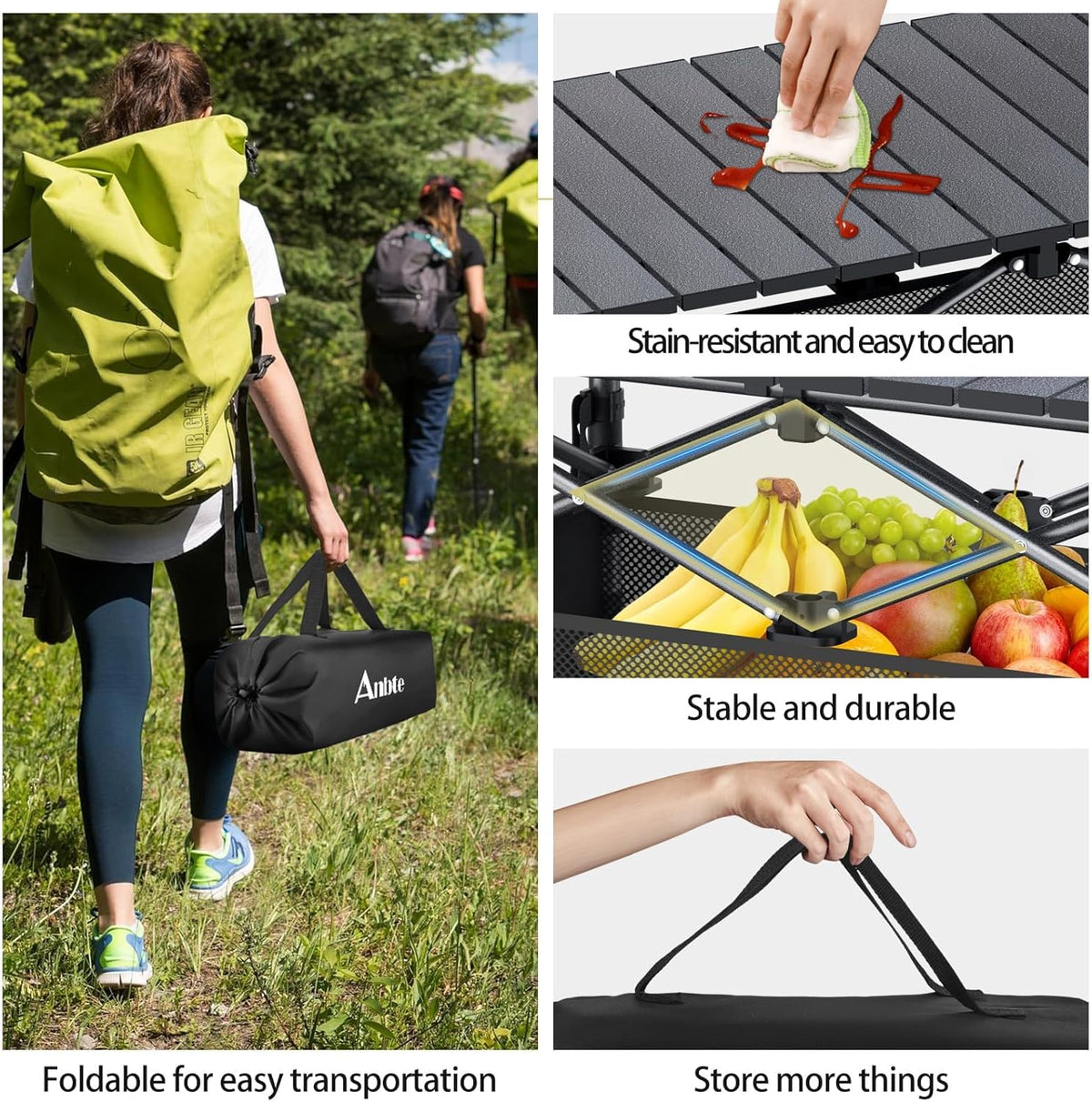 Anbte 3ft Aluminum Roll Top Folding Camping Table, Portable, 32”X16”, Black