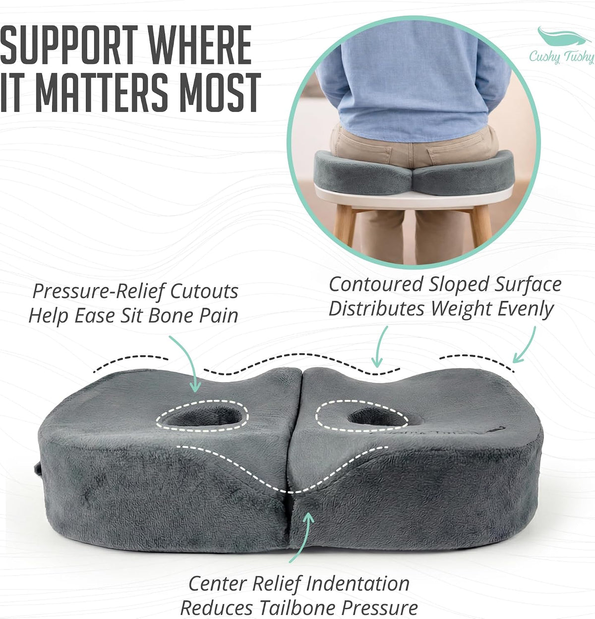 Cushy Tushy Seat Cushion | Premium Foldable Sit Bone Cushion for Pressure Relief, Hip, Hamstrings & Sciatica Comfort | Butt Pillow | Ergonomic Ischial Tuberosity Support for Home, Office & Driving