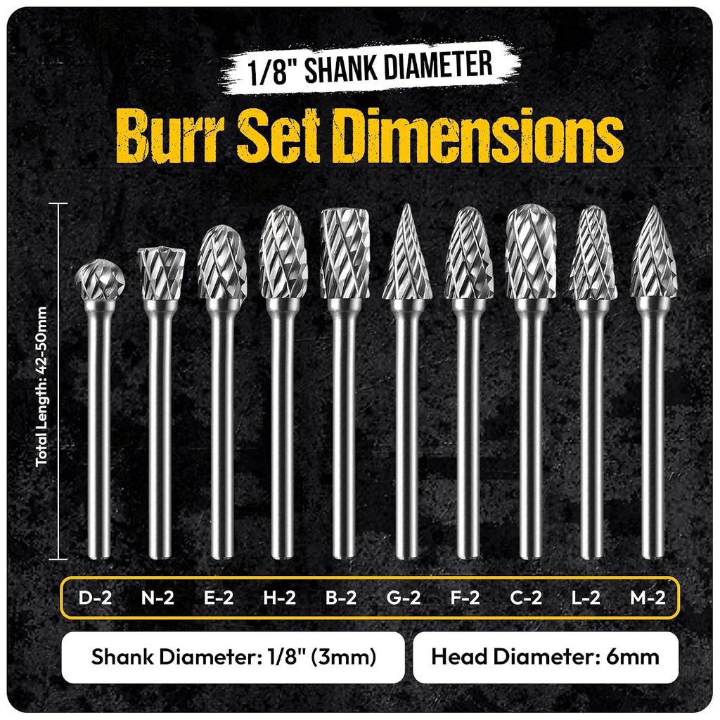 10Pcs Carbide Burr Set - 1/8" Shank Tungsten Die Grinder Bits, Double Cut - Compatible with Dremel & Milwaukee - Cutting, Engraving, Deburring - Rasp Accessories - Metal, Steel, Aluminum