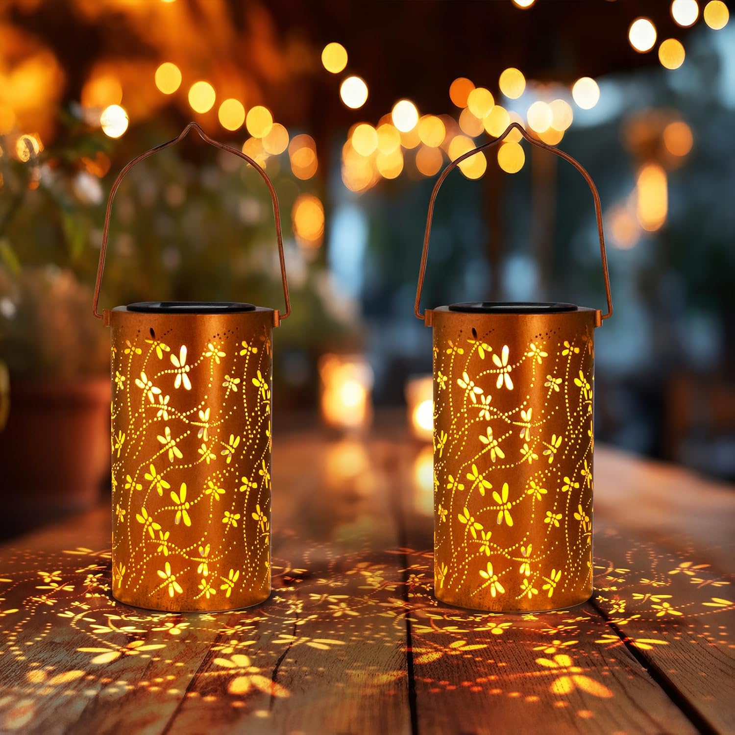 DIBIEECN Birthday Gifts for Women Mom Grandma Wife, Solar Lanterns Outdoor Waterproof, Metal Hanging Lights Garden Decor, LED Decorative Lantern for Patio Porch Backyard, Dragonfly, 2Pack