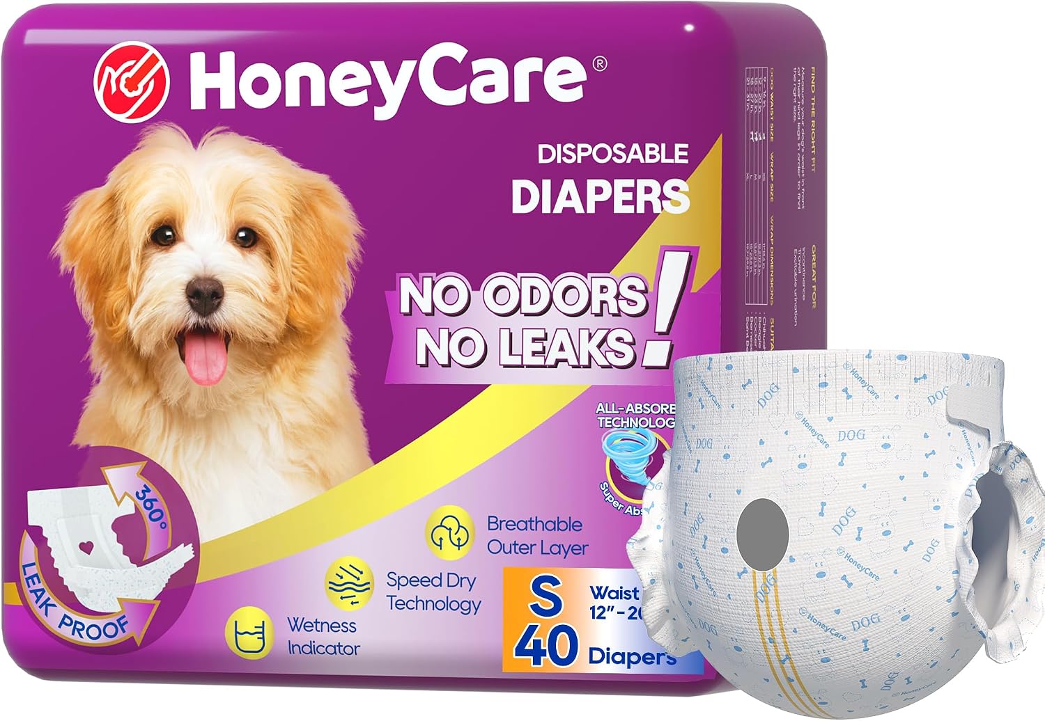 HONEY CARE All-Absorb Disposable Female Dog Diapers Small Size, Improved, 40 Count, Super Absorbent, Breathable, Wetness Indicator (Pack of 1, 40 Count Total)