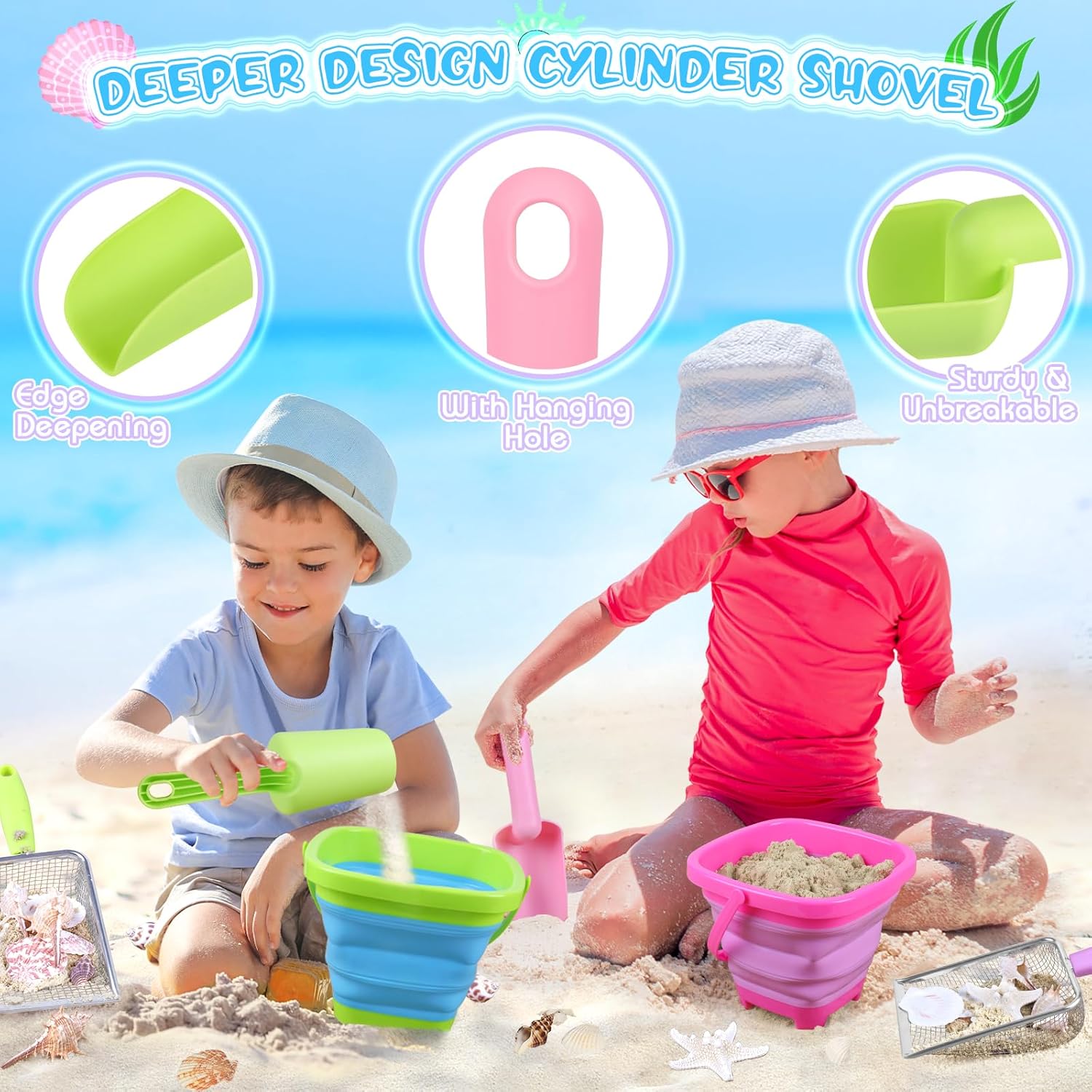 FHOZGECY 2 Pack Beachcombing Kit with Sifters for Beach Vacation Essentials | Collapsible Buckets, Stainless Mesh Sifters, Scoops and Mesh Bags for Shelling, Outdoor Exploration Play for Kids Ages 3-12