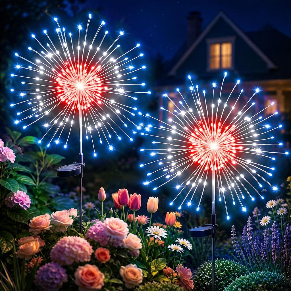 Anordsem Solar Firework Lights Outdoor Garden Fairy Lights 2 Pack Red Blue