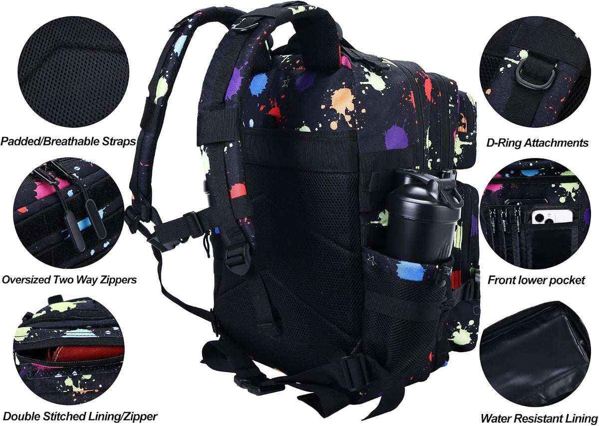 LHI Military Tactical Backpack for Men and Women 45L Army 3 Days Assault Pack Bag Large Rucksack with Molle System Black with multi-color