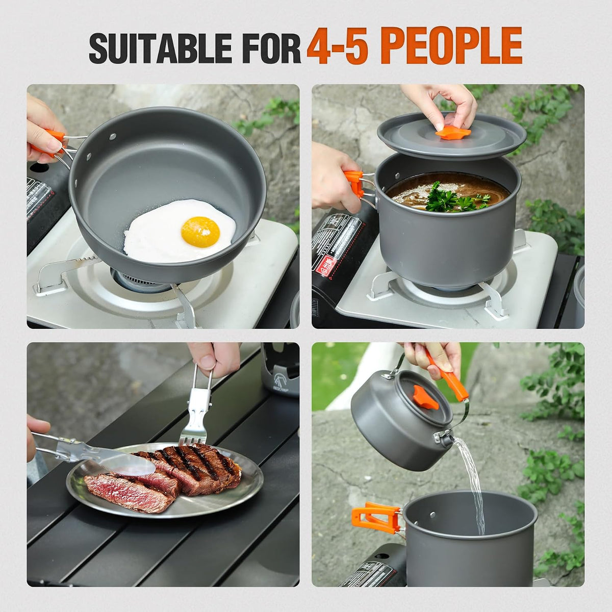 REDCAMP 6/10/11/12/14/15/19 PCS Camping Cookware Mess Kit Camping Gear Campfire Utensils Lightweight Stackable Pot Pan Bowls Soup Spoon with Storage Bag for Camping, Backpacking, Outdoor Cooking