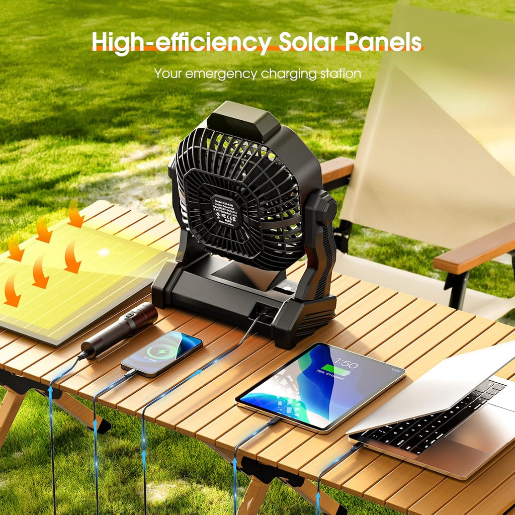 Solar Powered Fan,【Max 40H Runtime】Rechargeable Solar Camping Fans & Led Lantern,8-inch Portable Fan with Solar Panel,Battery Operated Powered Outdoor Tent Fans for Camping Essentials Accessories