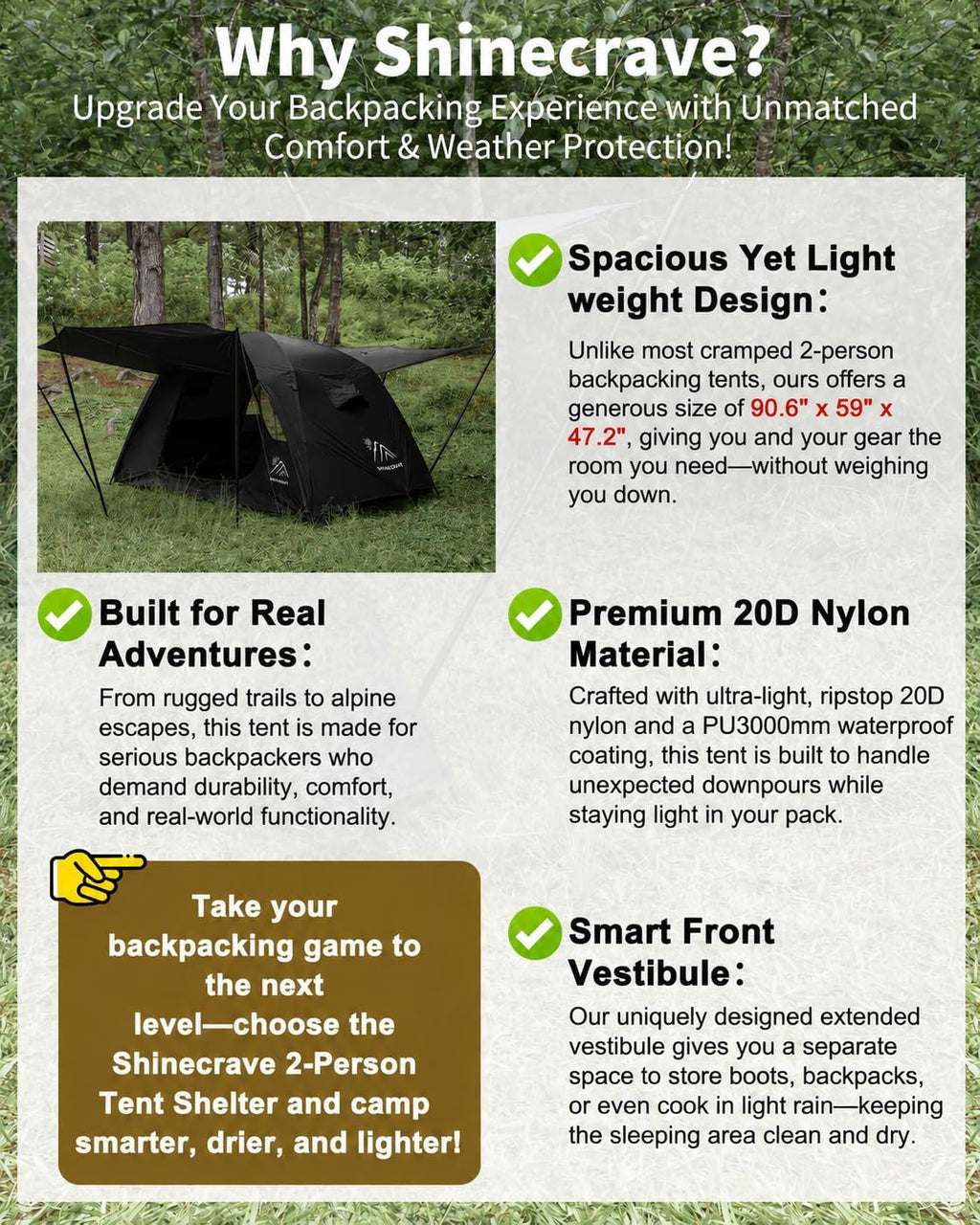 Camping Tent 2 Person, Backpacking Tent, 20D Nylon/Taffeta PU3000mm