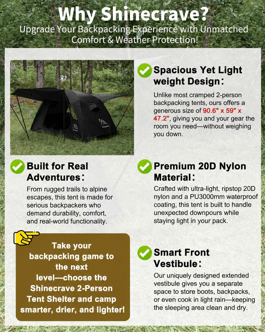 Camping Tent 2 Person, Backpacking Tent, 20D Nylon/Taffeta PU3000mm