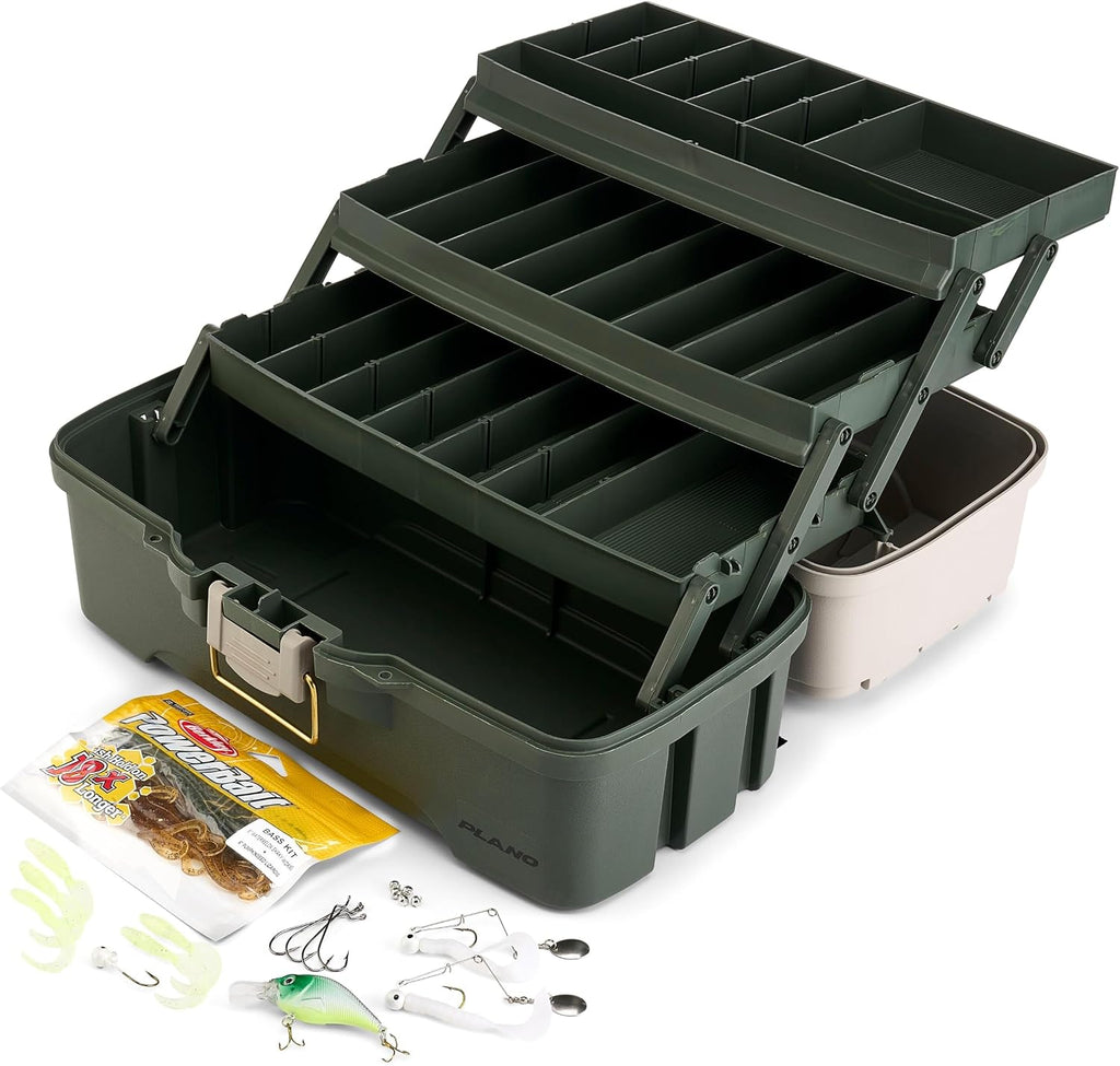 Plano Three-Tray Tackle Box Bass Kit, Tan/Green, Rust-Proof Brass Latch, Top-Access Tray Compartments with Deep Storage, Made in the USA, Portable Fishing Gear Storage Organizer